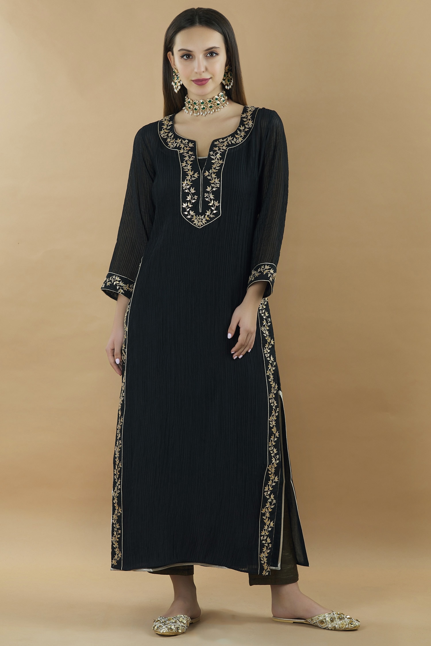 Buy Nini Mishra Black Tissue Embroidered Pintuck Kurta Online | Aza ...