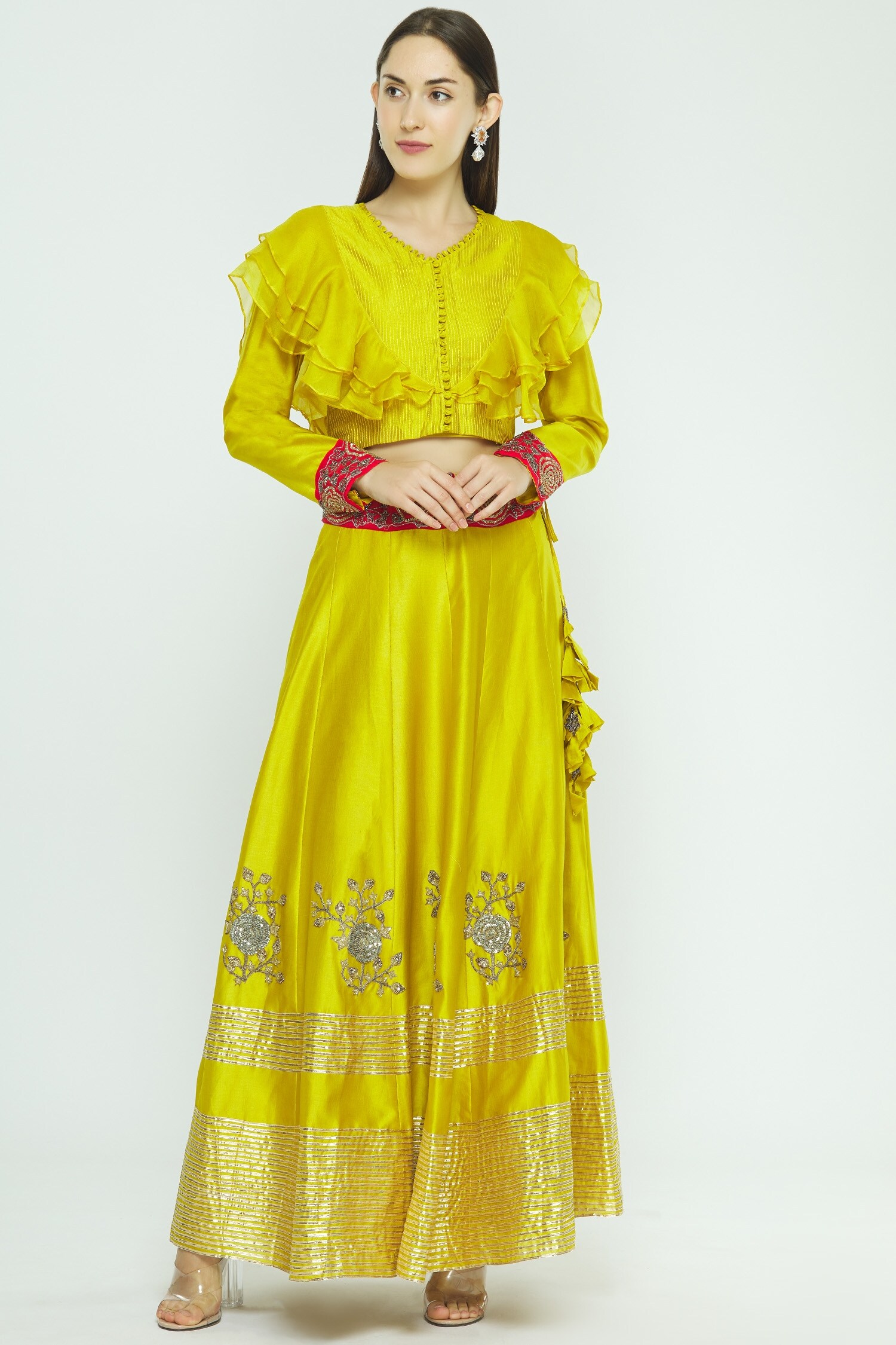 Buy Aksh Yellow Chanderi Embroidered Lehenga Set Online | Aza Fashions
