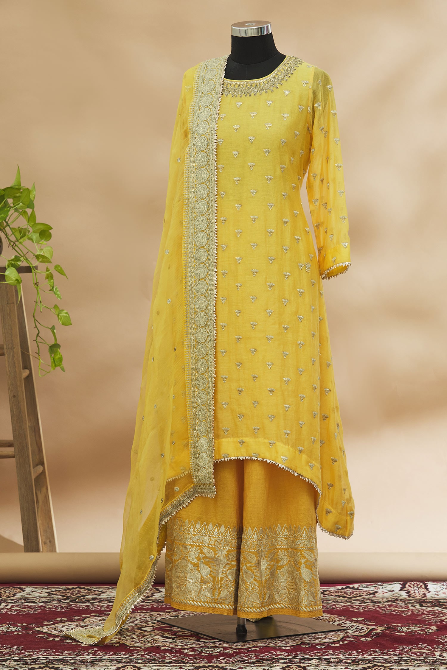 Buy Gopi Vaid Yellow Embroidered Kurta Palazzo Set Online | Aza Fashions