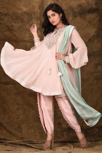Campana Girls Bhoomi Kurta Pants Set - Embroidered Silk - Pink & Orange