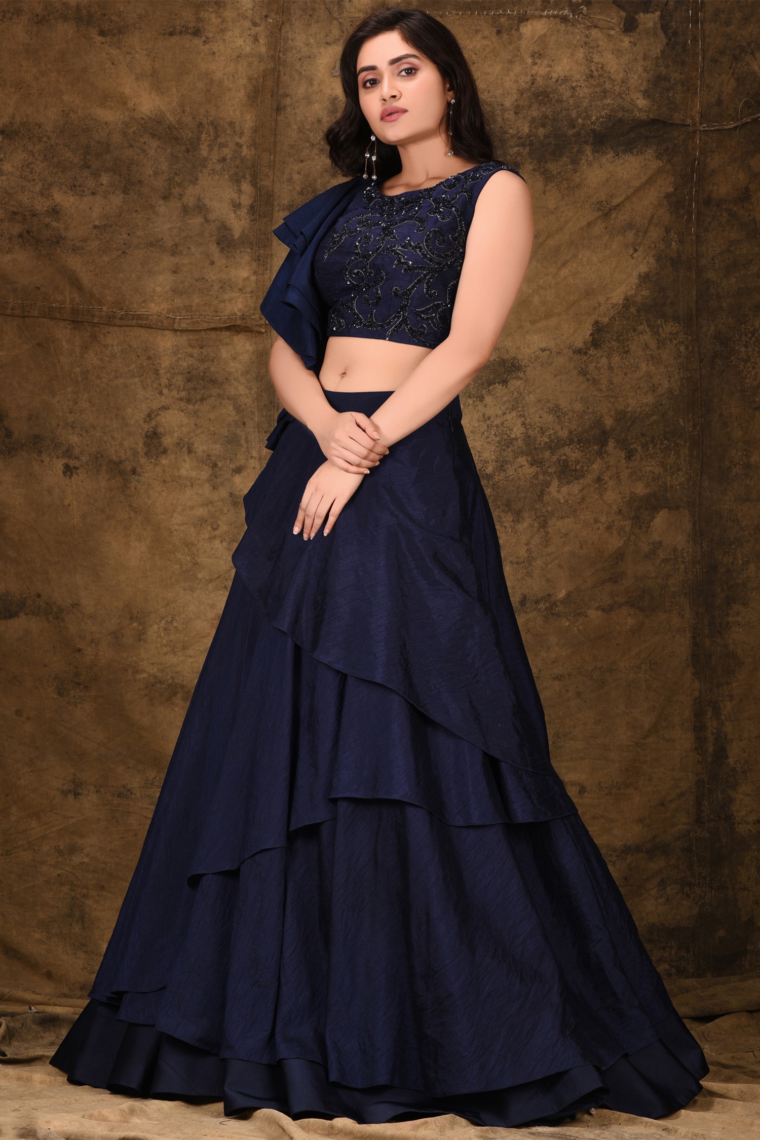 Ariyana Couture Blue Dupion Round Ruffled Lehenga Set For Women