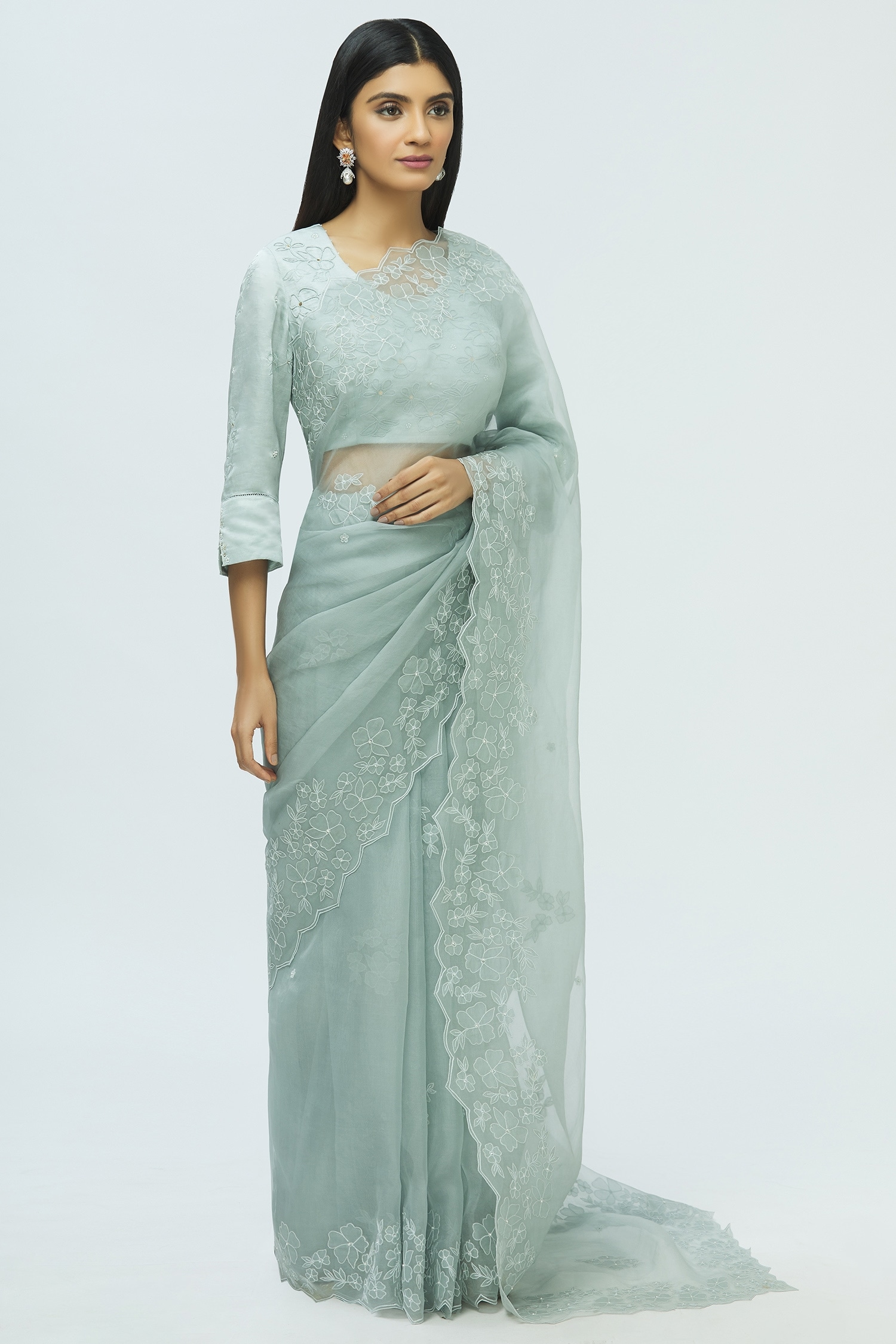 Buy I am Design Grey Silk Organza Saree With Blouse Online | Aza Fashions