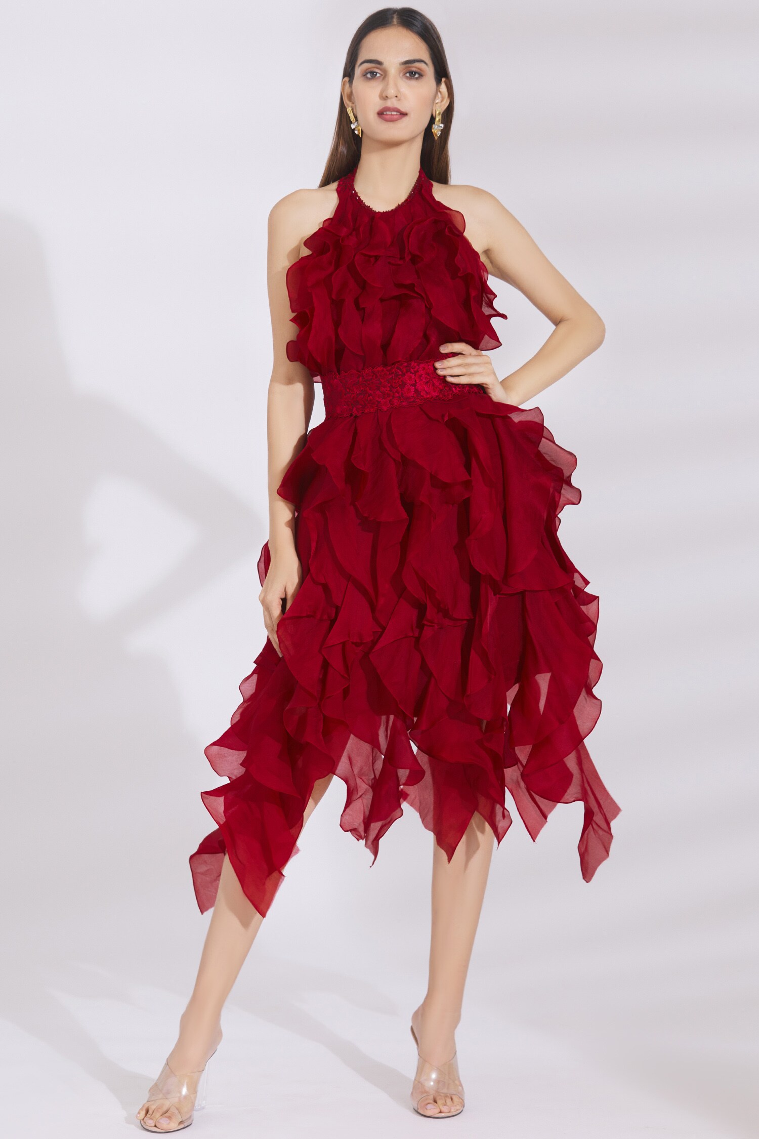 Buy Shriya Som Red Georgette Halter Ruffle Dress Online | Aza Fashions
