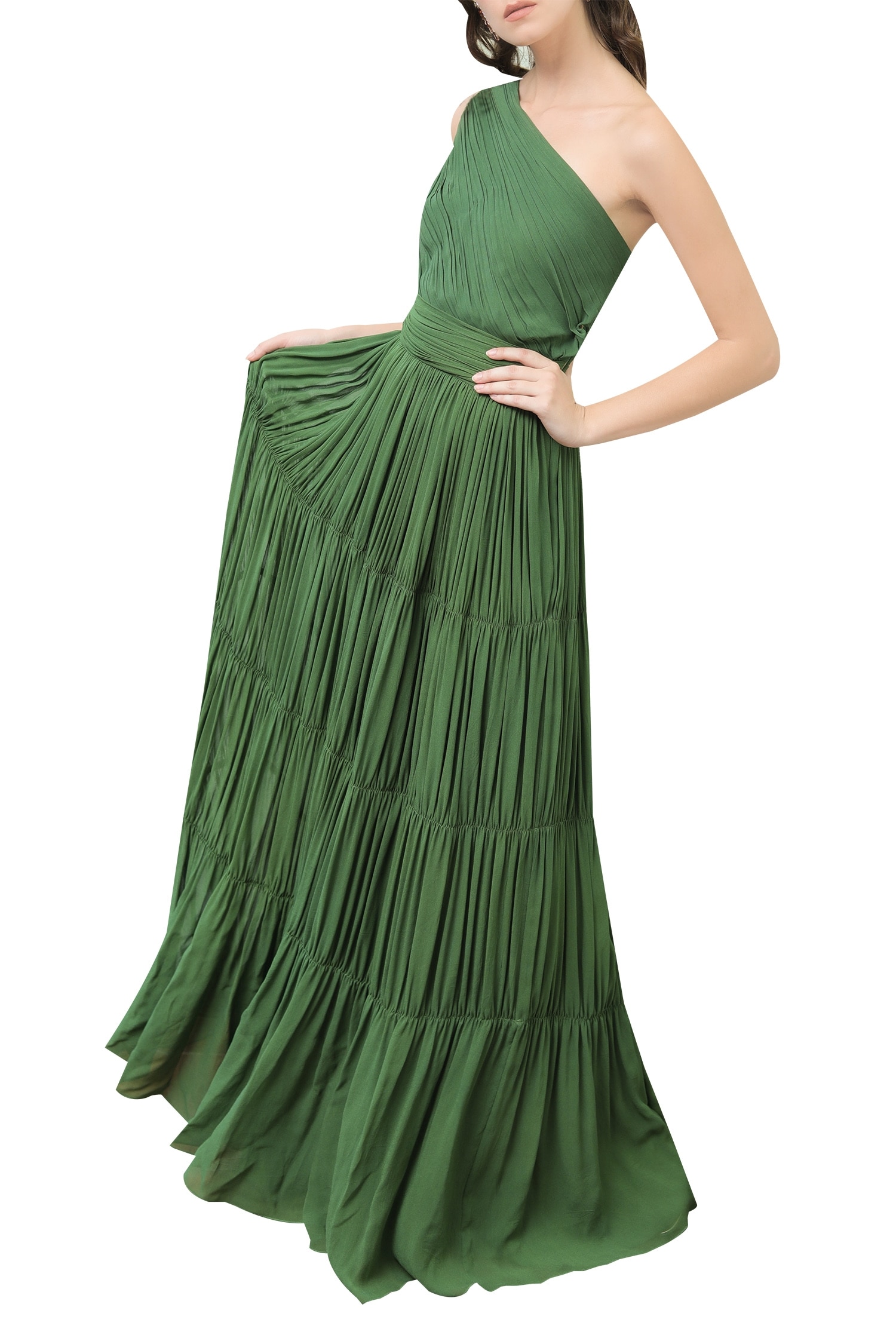 Buy Green Asymmetric One Shoulder Tiered Gown For Women by Swatee Singh ...