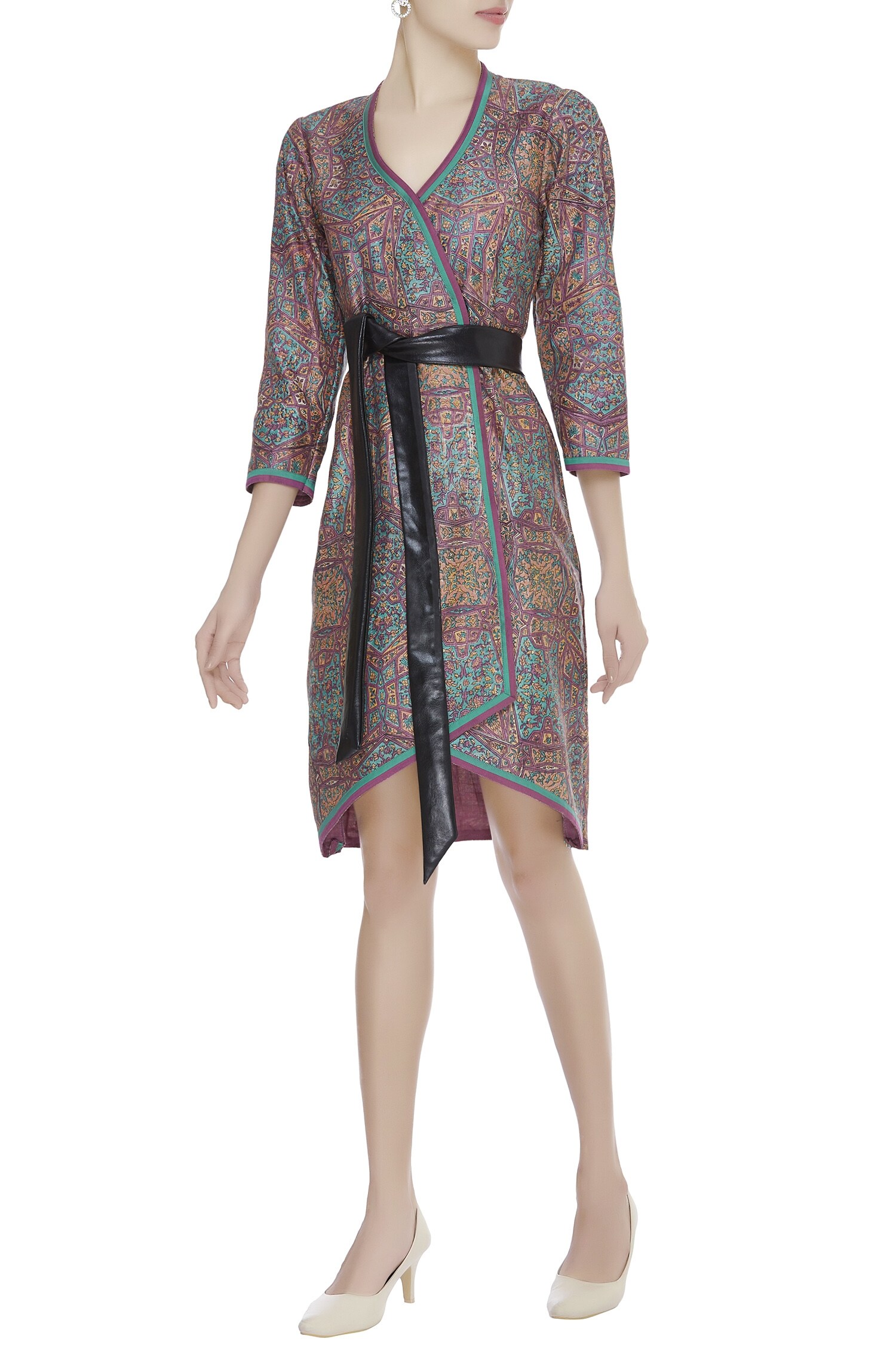 Buy Shuchi VC Wine Block Printed Wrap Dress With Belt Online Aza Fashions