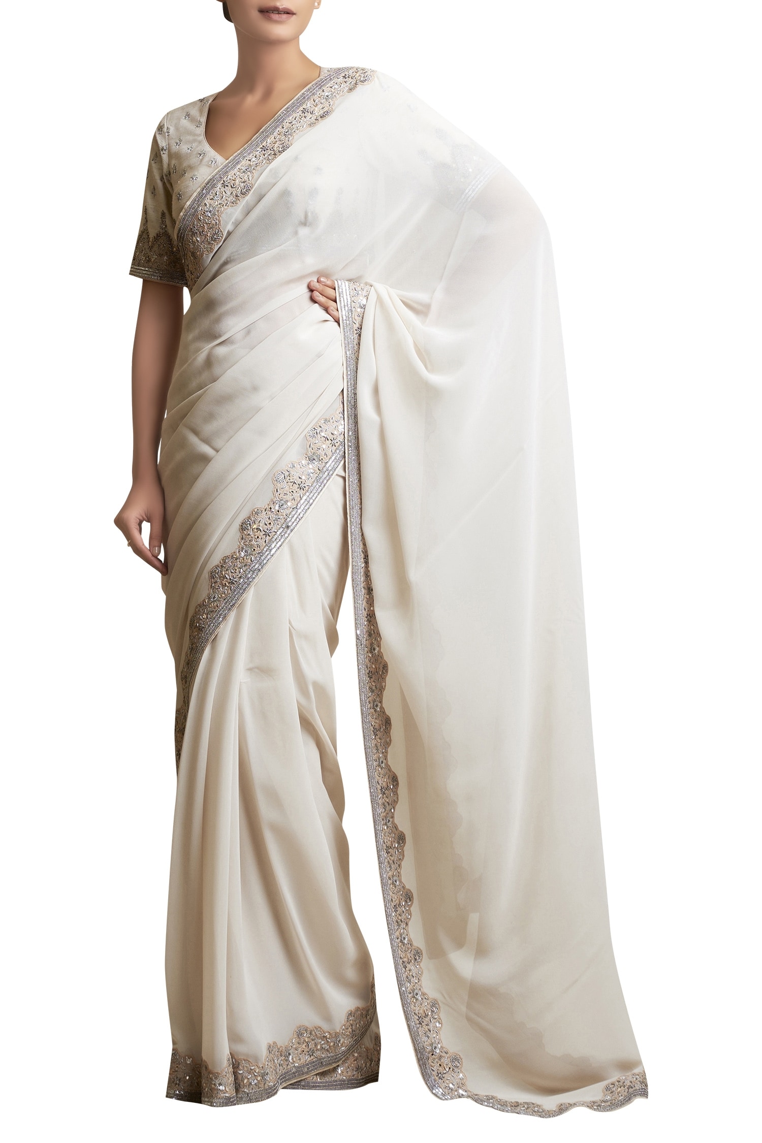Sue Mue Off White Saree With Embellished Border And Blouse