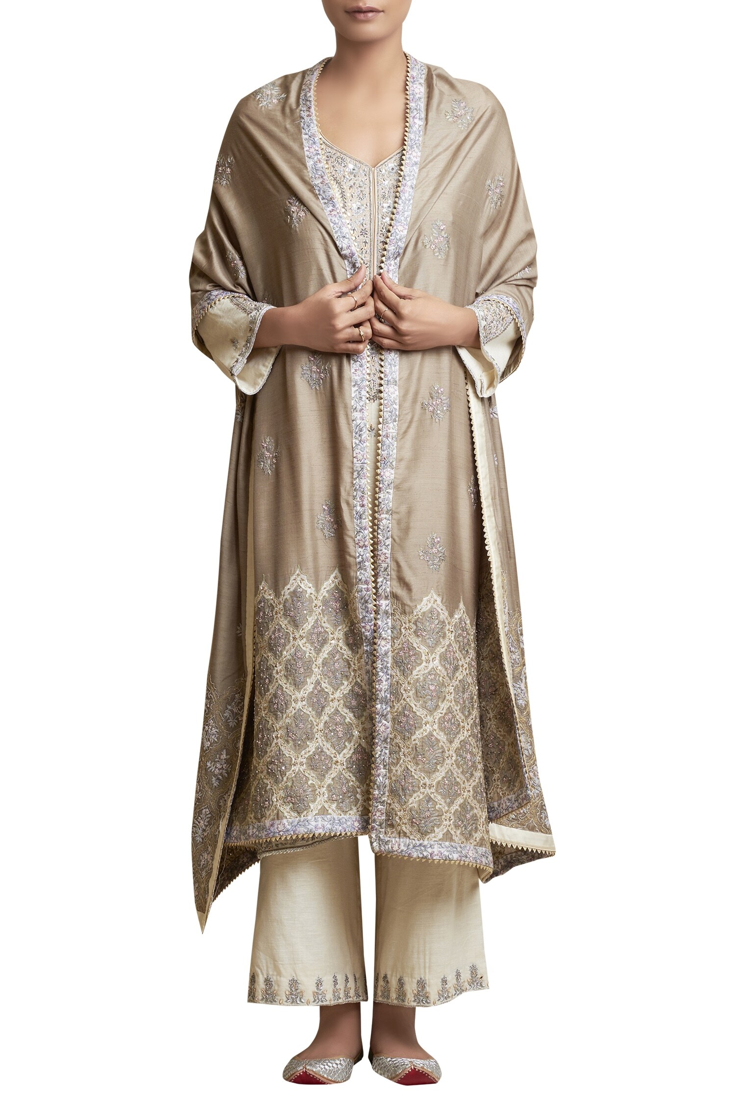Buy Sue Mue Off White Metallic Embroidery Kurta Palazzo Set Online