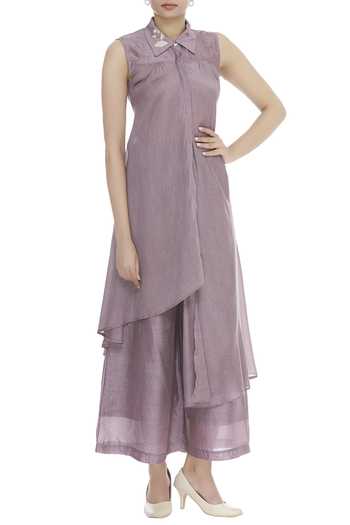 Purple Embroidered Tunic for Women with Lace Inserts
