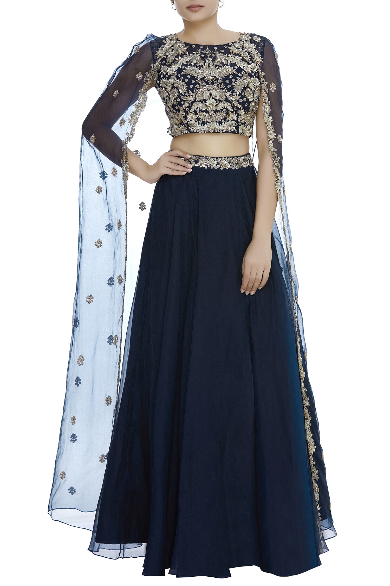 Buy Cape sleeve embroidered blouse with lehenga by Aneesh Agarwaal at