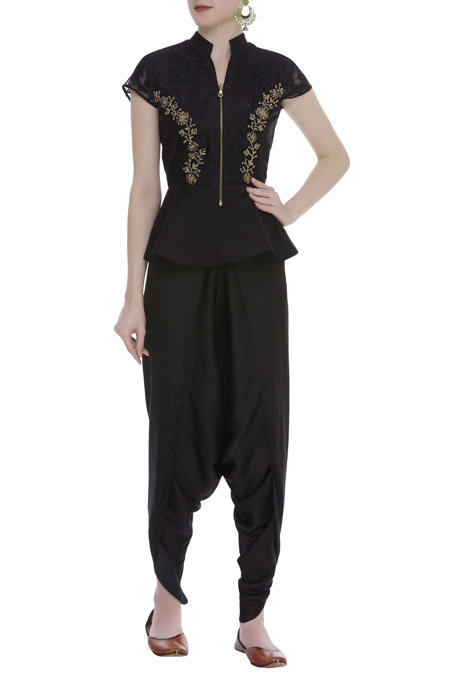 Buy Black Fabric: Chanderi Mandarin Collar Embellished Dhoti Pants Set ...