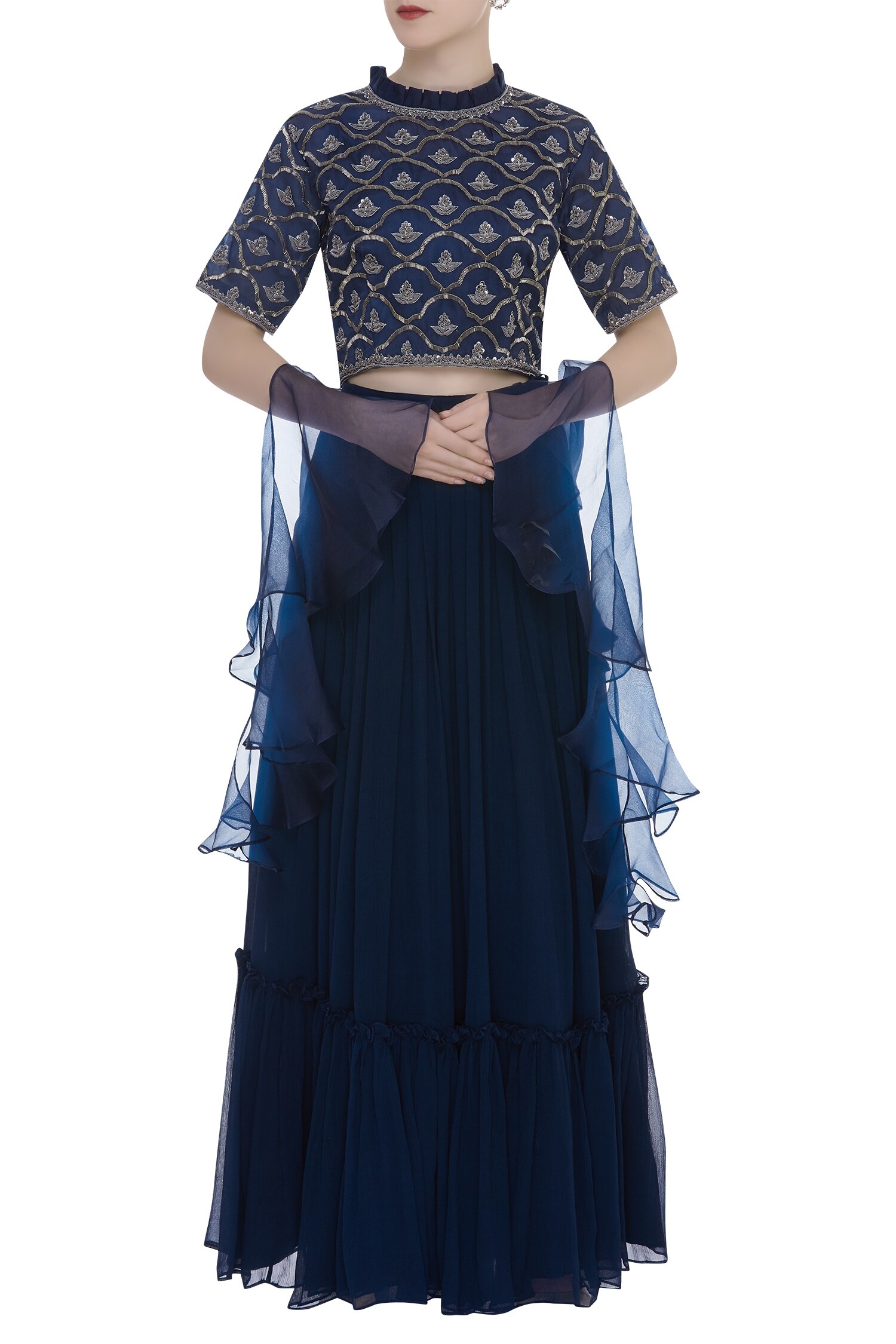Buy Aksh Blue Zardozi Embroidered Lehenga Set Online | Aza Fashions