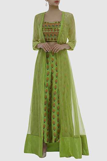 Hana Grey Colour Bandhani Silk Embroidered Jacket With Bustier And Jogger Pants