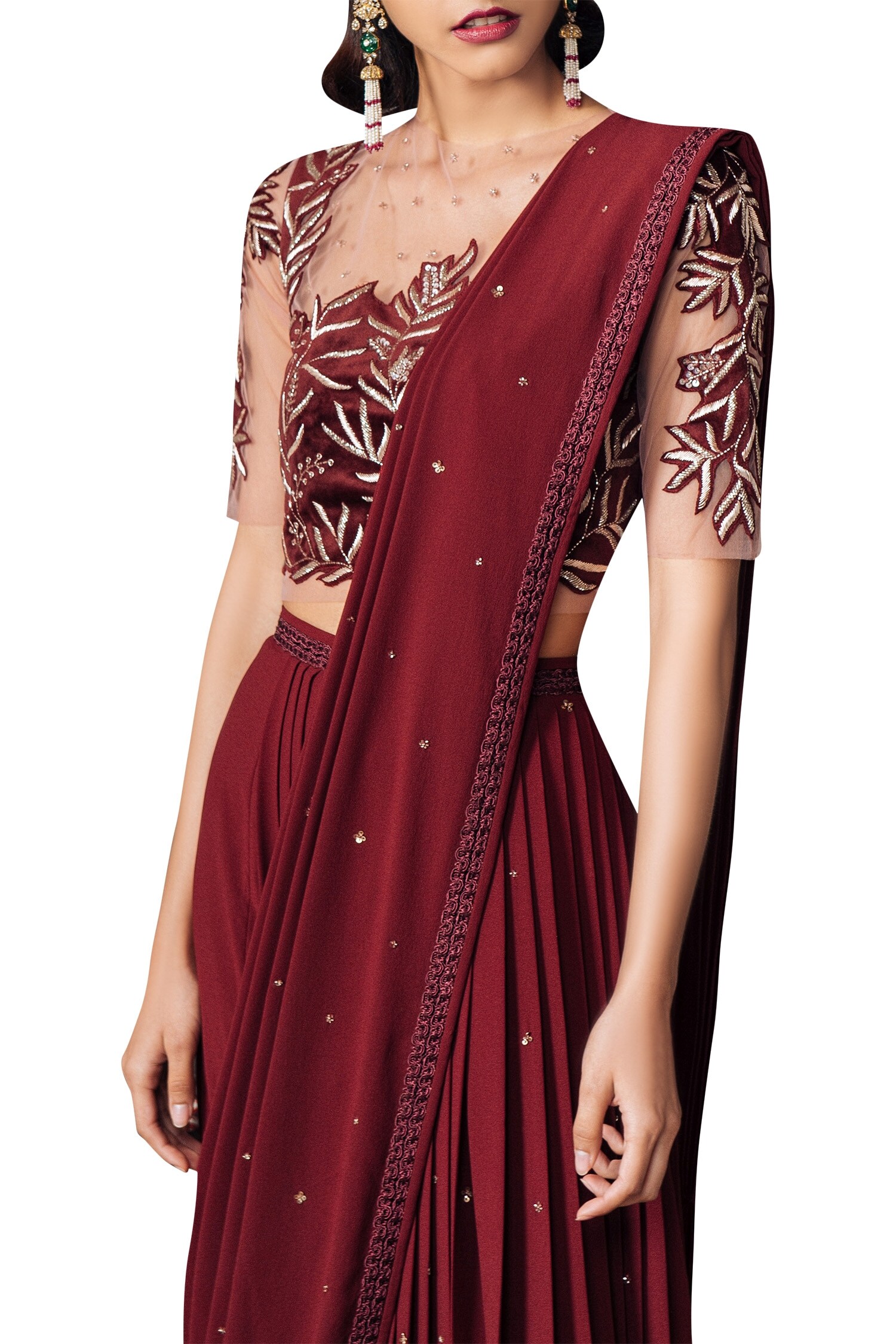 Buy Mishru Maroon Prepleated Applique Embroidered Saree Online Aza