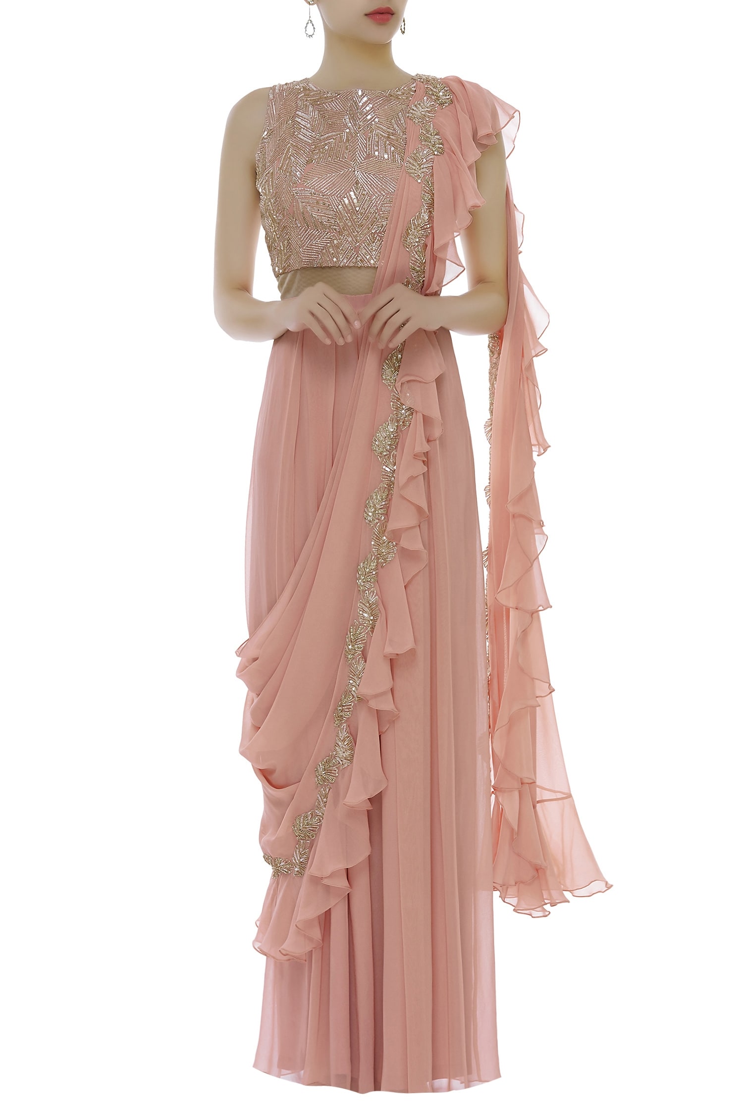 Buy Pink Zardozi Embroidered Sequins And Ruffled Saree