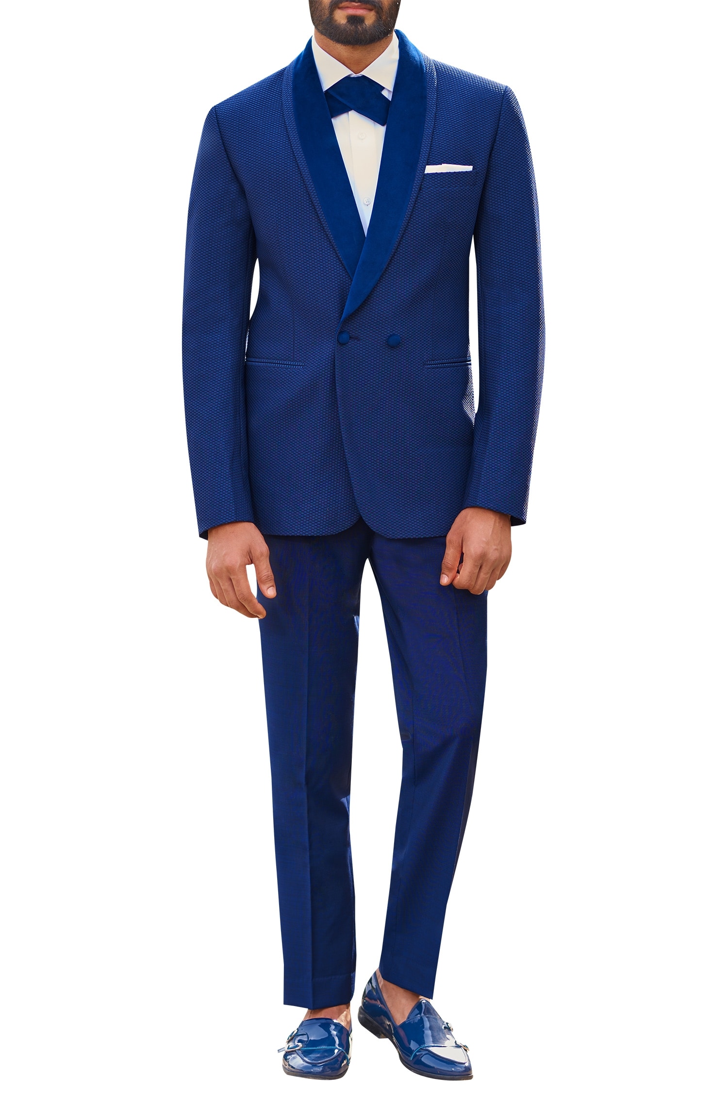 Buy Sarah & Sandeep Blue Textured Tuxedo Set Online | Aza Fashions
