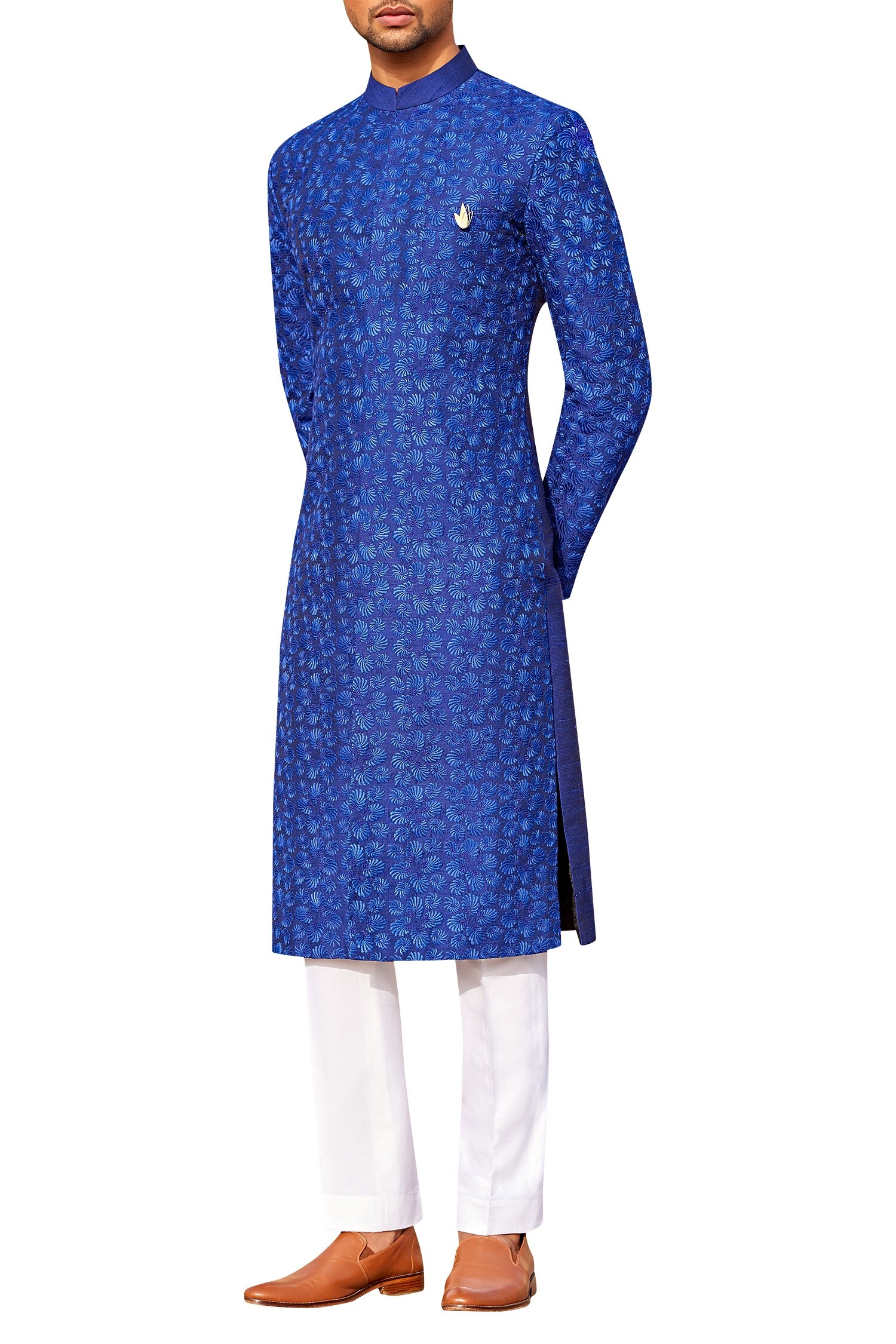 Buy Sarah And Sandeep Blue Thread Embroidered Mandarin Collar Kurta Set