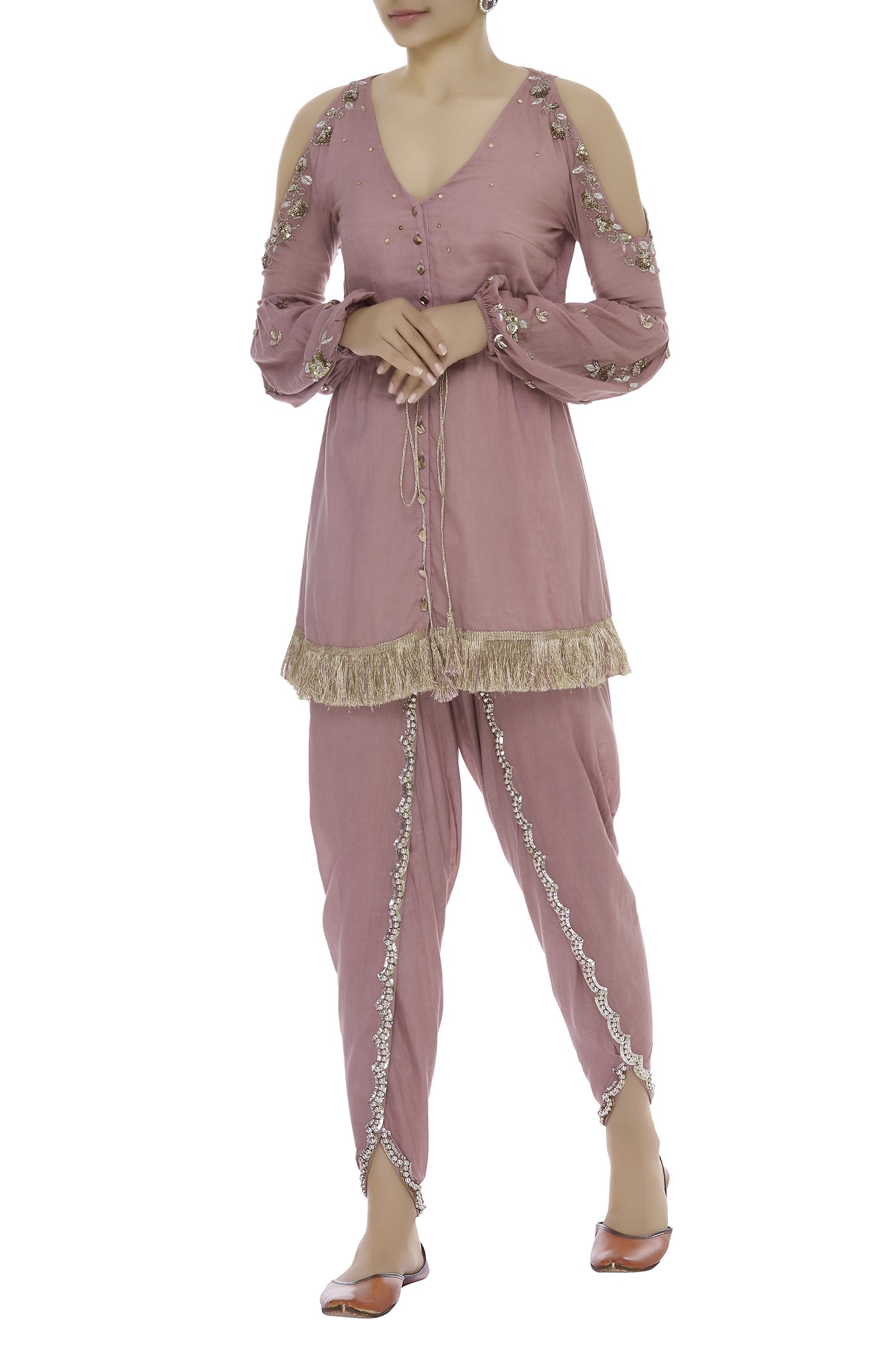 Buy Cold Shoulder Tassel Kurta With Dhoti Pants by Ohaila Khan at Aza