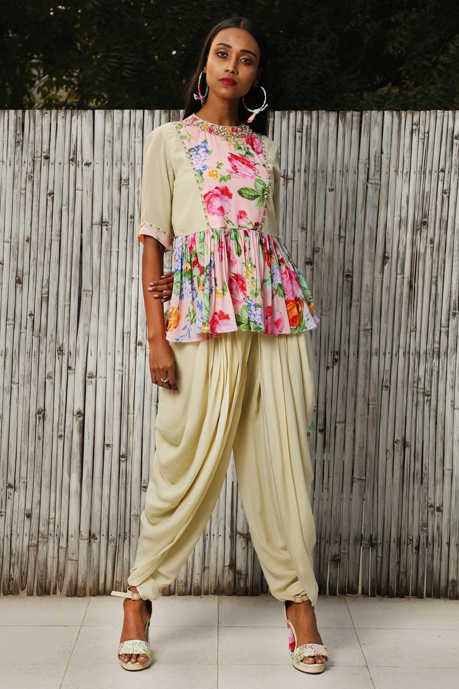 Women Rayon Embroidered Crop Top Kurti With Dhoti Pants