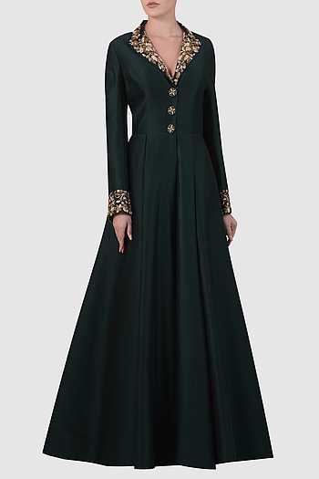 Buy Samant Chauhan Green Embroidered Collared Gown Online | Aza Fashions