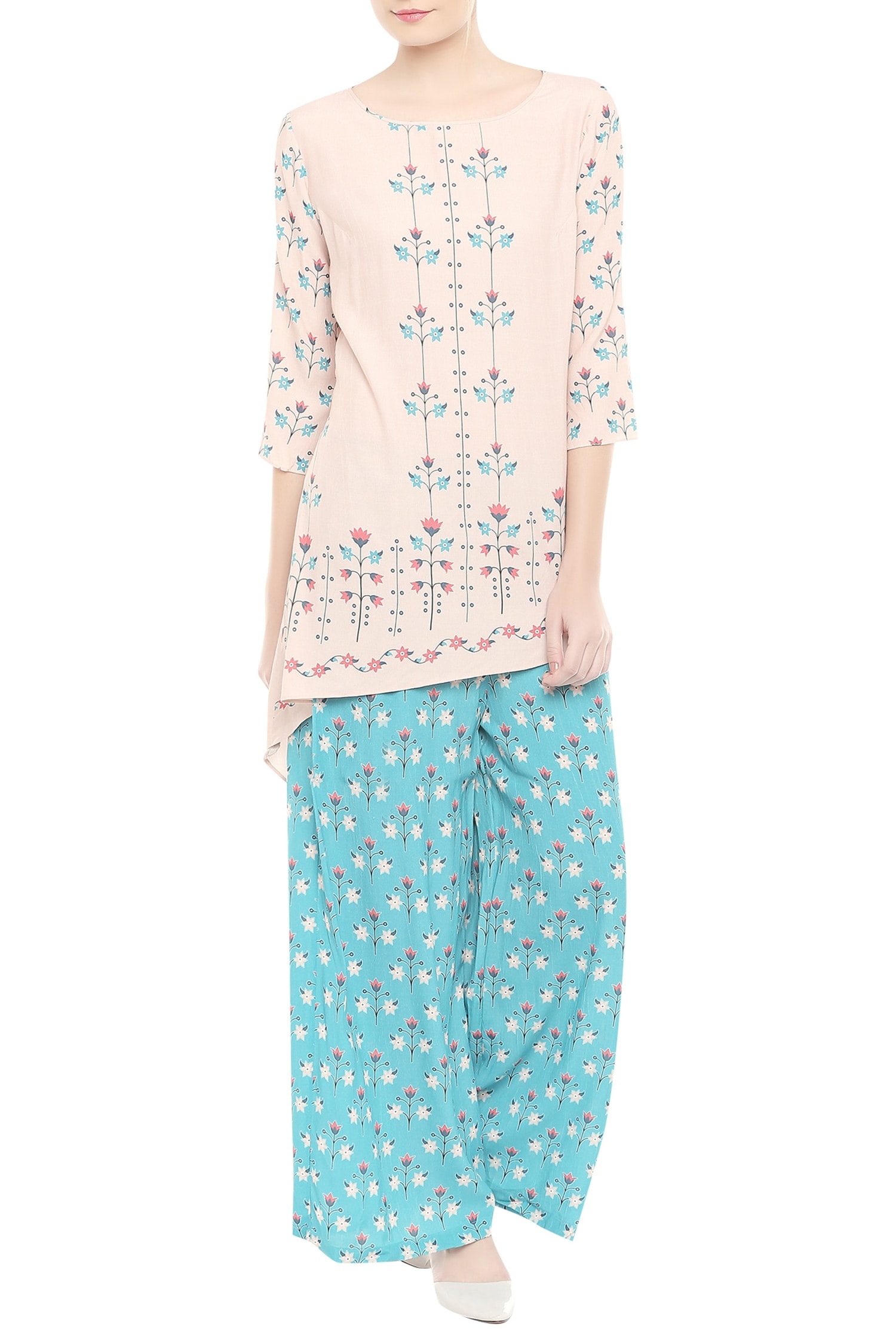 Buy Blue Round Floral Print Kurta Palazzo Set For Women by Soup by ...