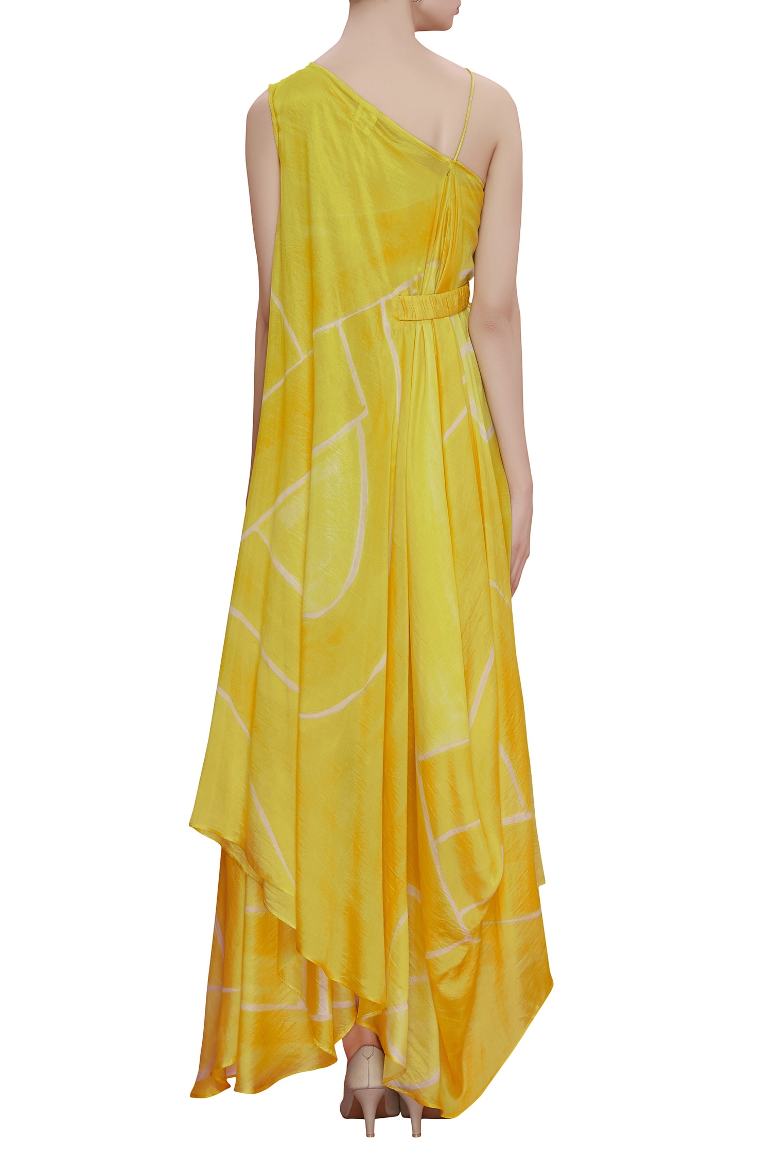 Buy Vedika M Yellow One Shoulder Cowl Draped Dress Online | Aza Fashions