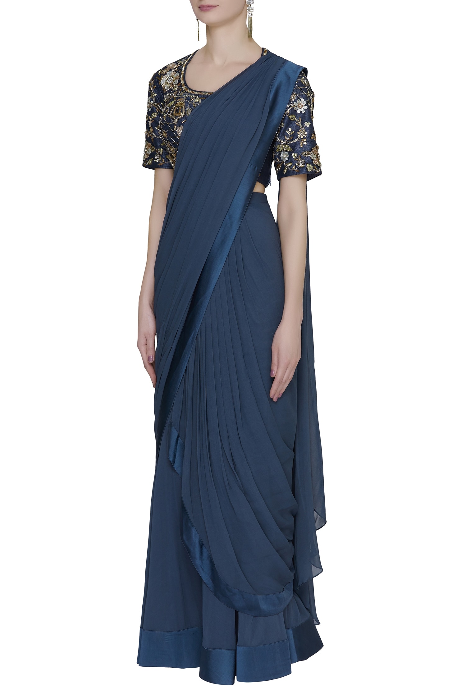 Buy Nidhika Shekhar Blue Pre-pleated Skirt Saree Online | Aza Fashions