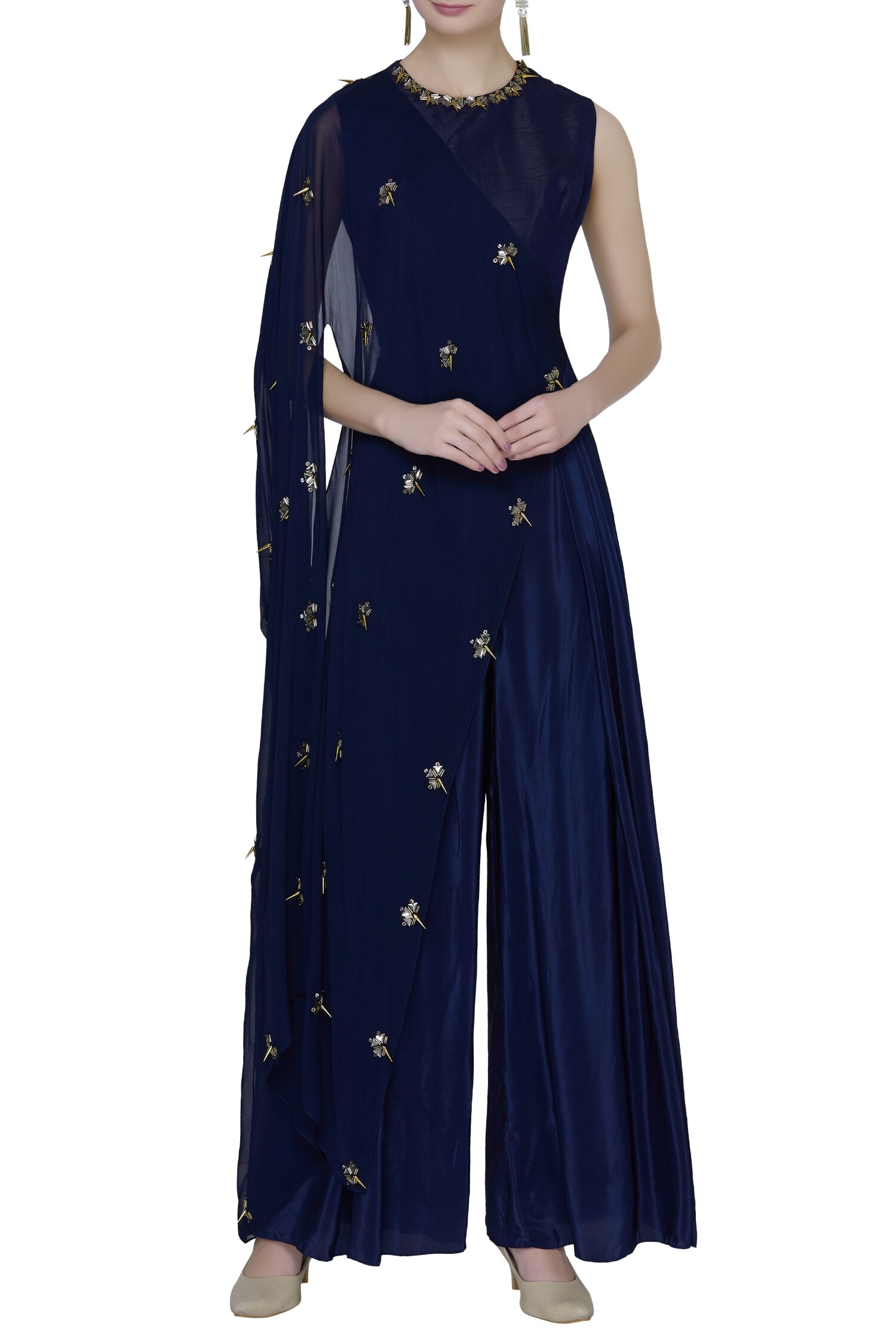 blue jumpsuit with cape