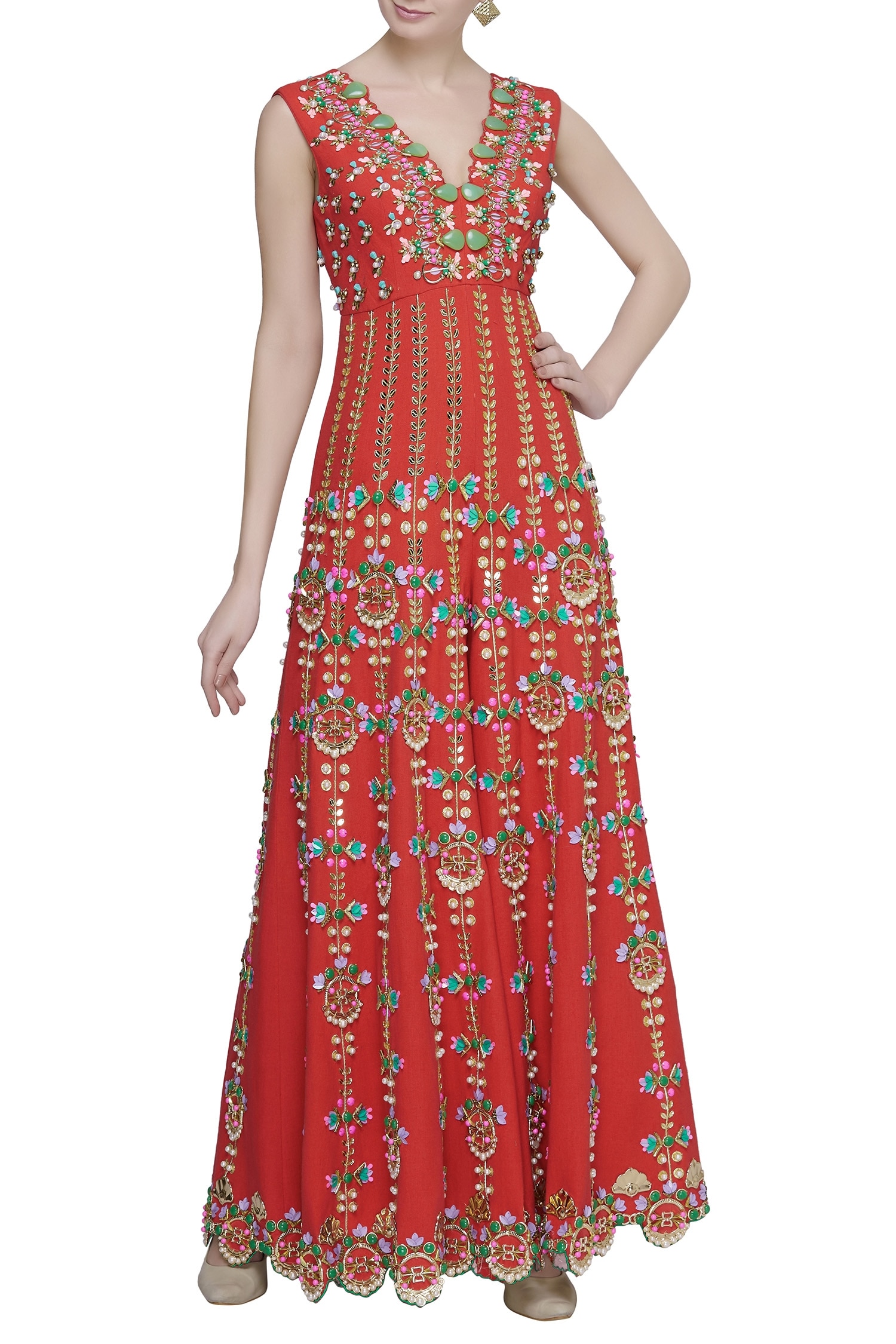 Buy Red Jute Linen 3d Sequin V Embroidered Flared Jumpsuit For Women by ...