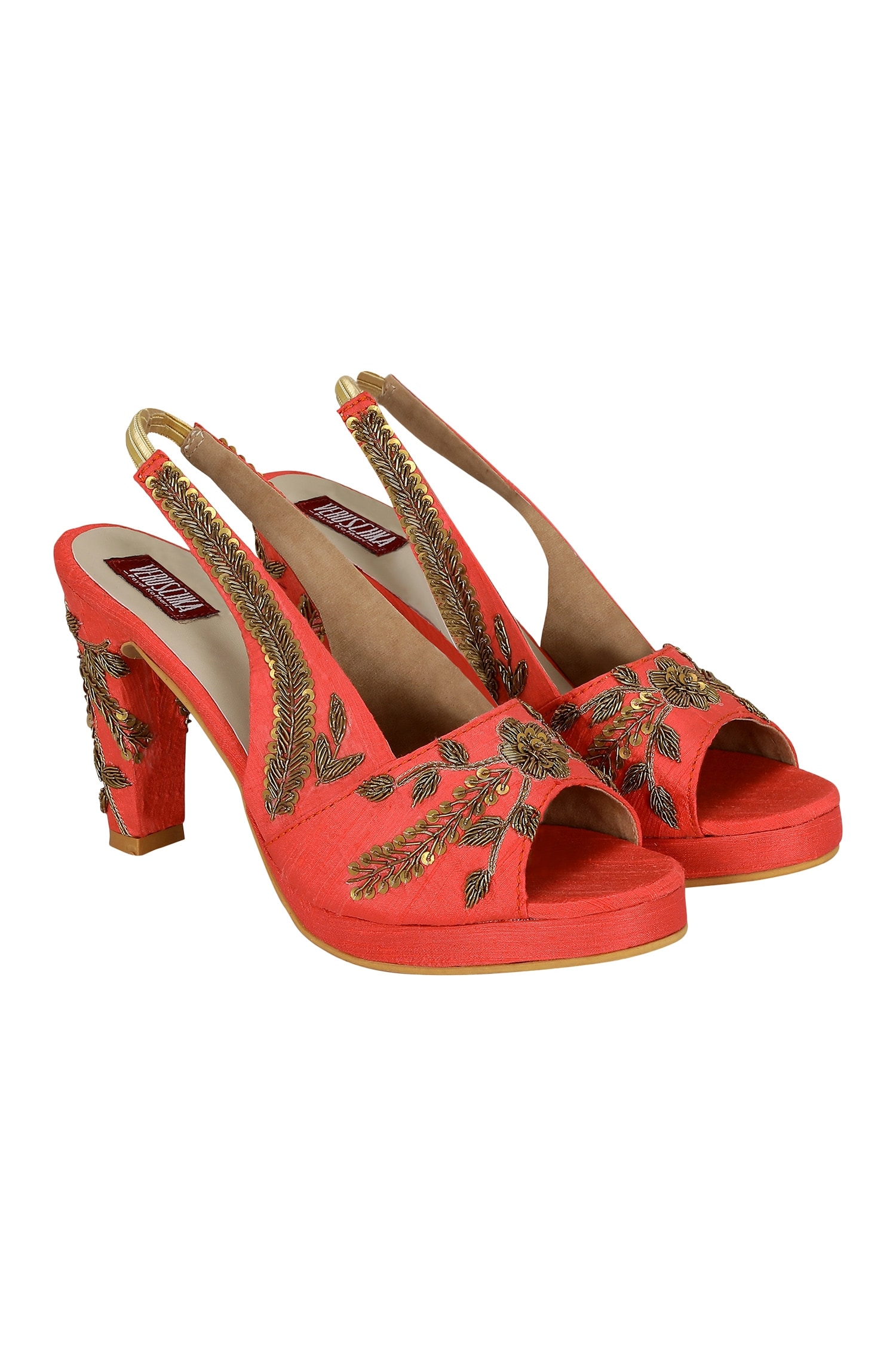 Buy Coral Sequin And Zardozi Embroidered Sling Back Block Heels by ...