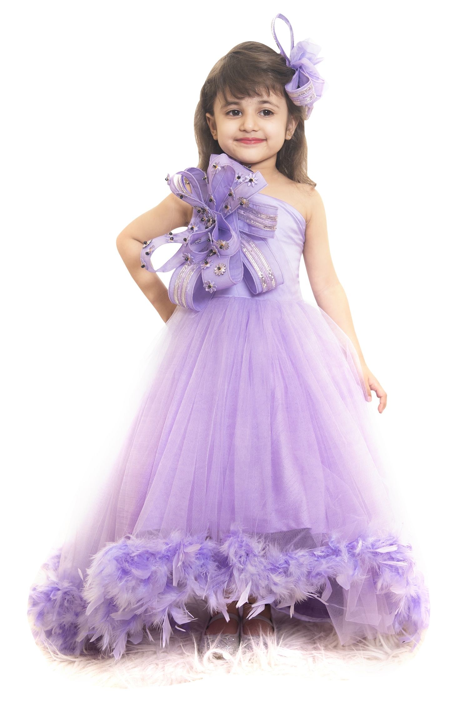 Buy Lil Angels Purple One Shoulder Feather Gown For Girls Online | Aza ...