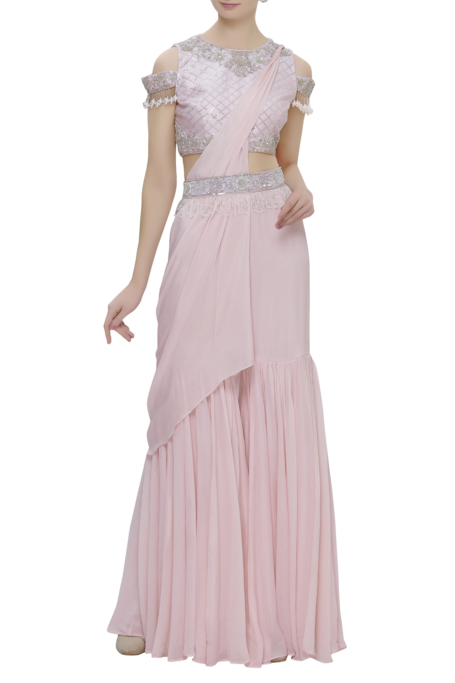 Buy Neha Khullar Pink Chiffon Pre-draped Sharara Pant Saree Set Online | Aza Fashions