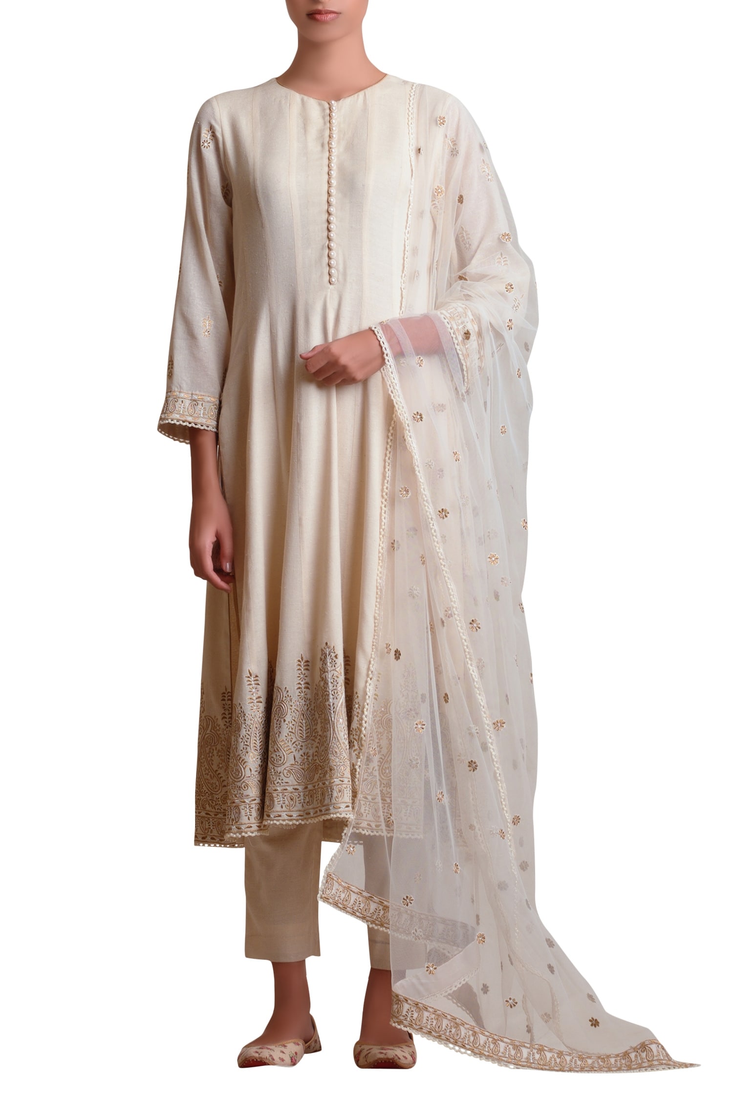 Buy Off White Cotton Kurta Round Neck Handloom Embroidered Set For ...