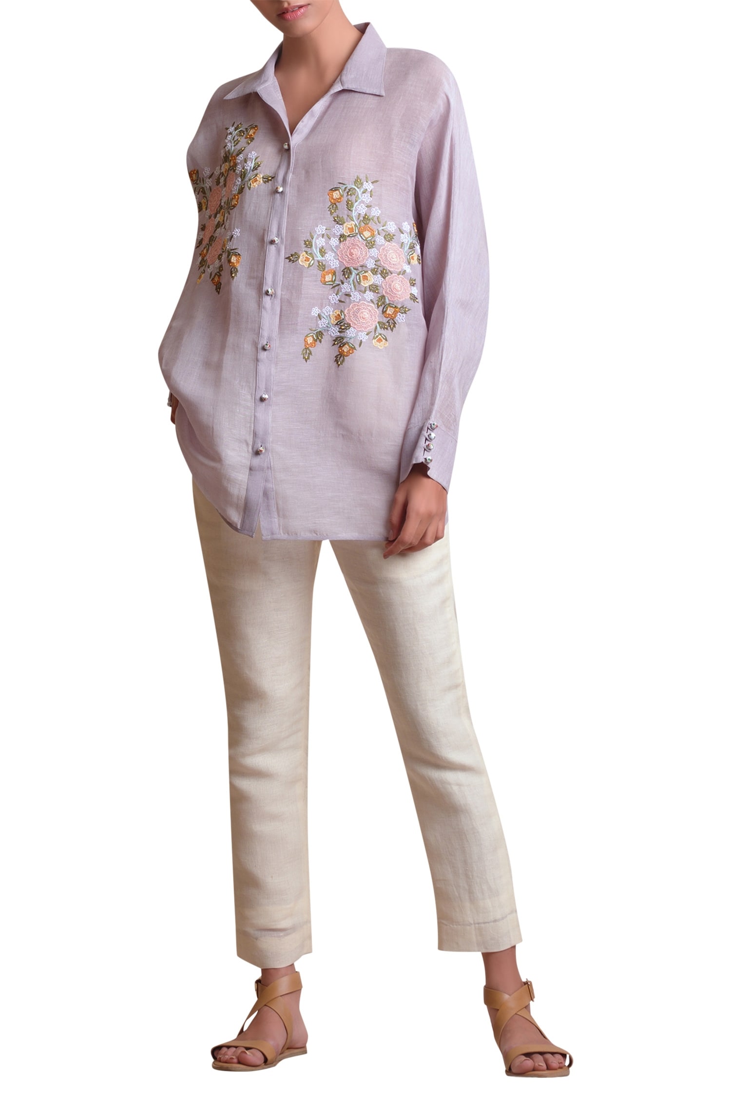 Buy Grey Linen Spread Collar Embroidered Shirt For Women by Sue Mue