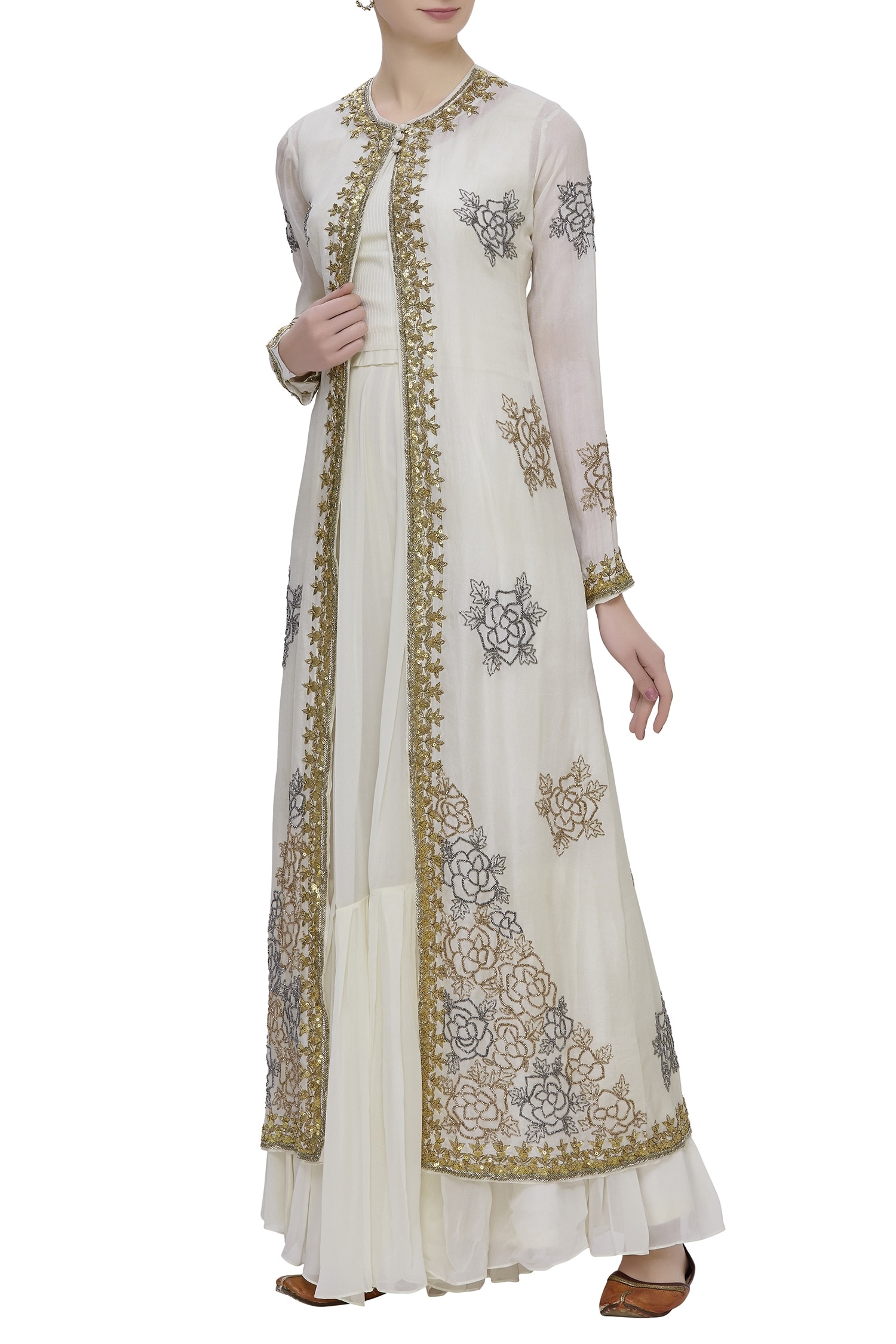 Buy Aksh Off White Organza Embroidered Jacket Sharara Set Online Aza