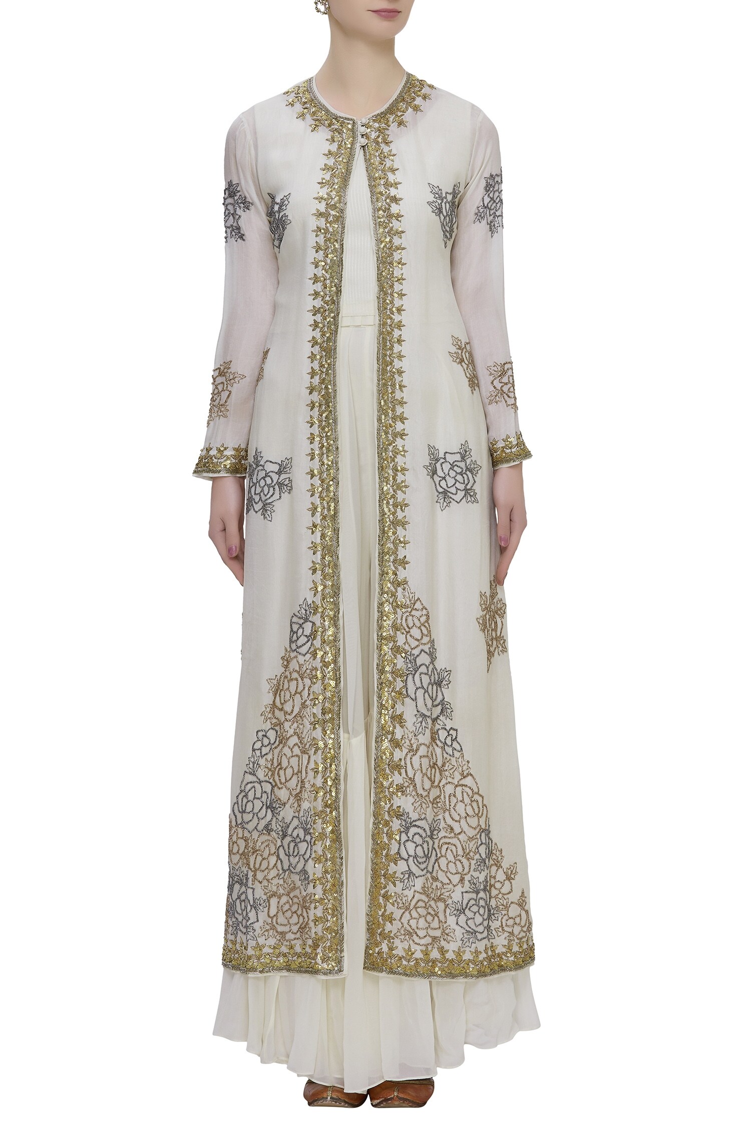 Buy Aksh Off White Organza Embroidered Jacket Sharara Set Online Aza