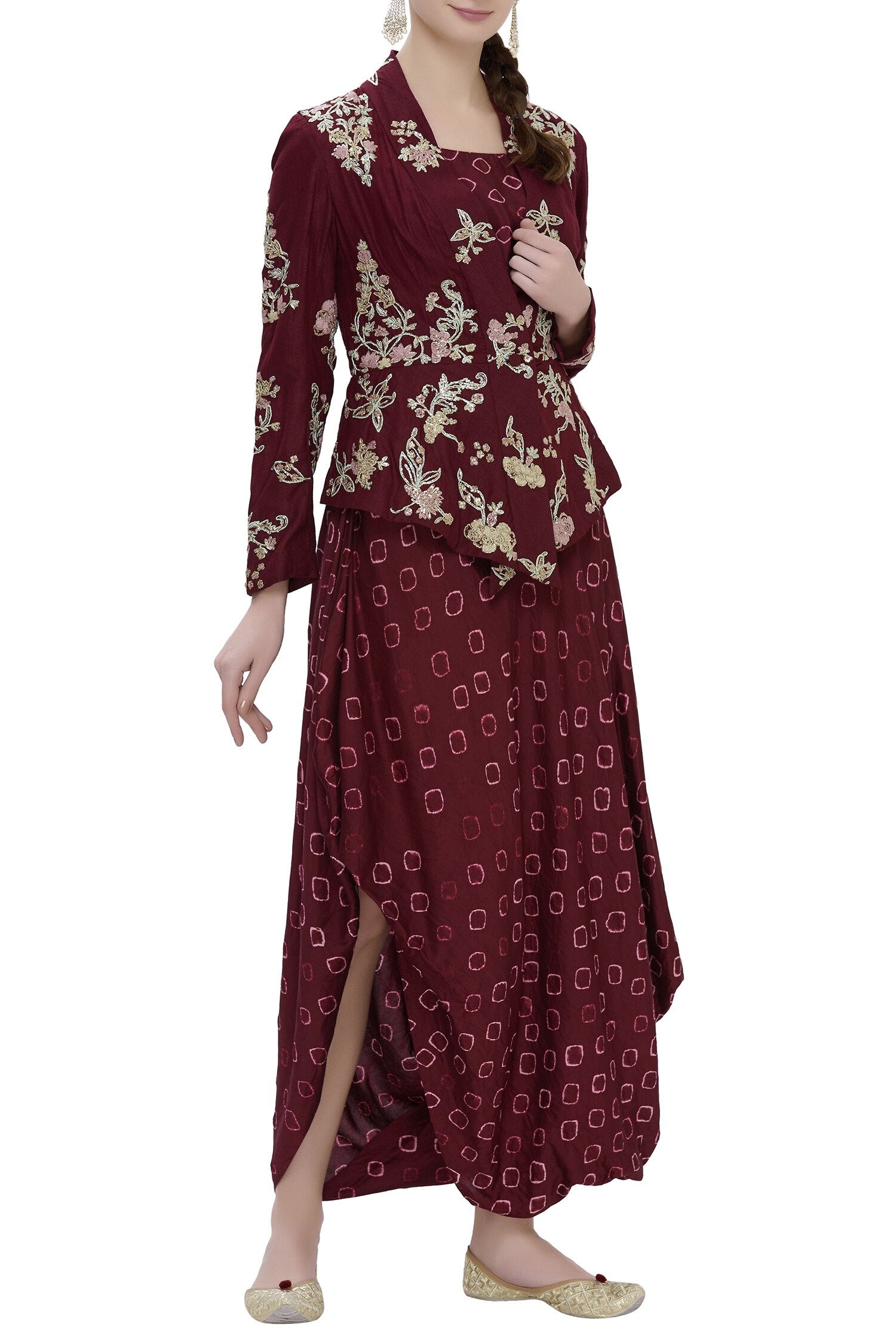 Buy Maroon Jamdani Dress: Round Neckline Embroidered Jacket Kurta Set ...