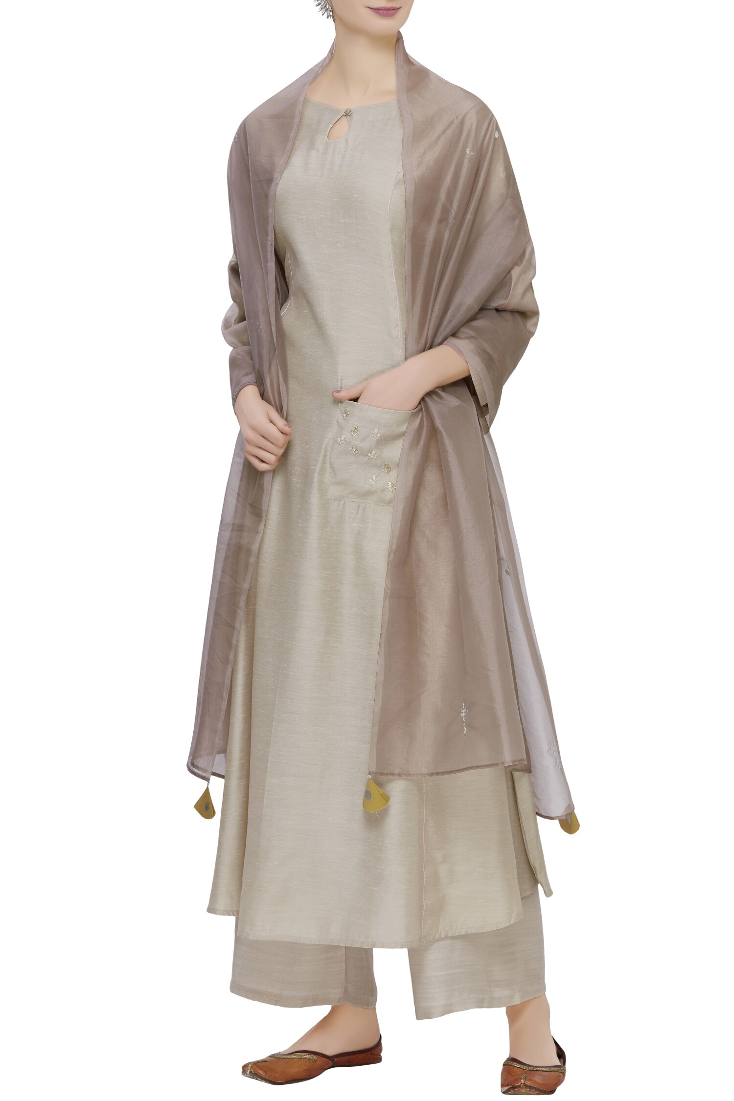 Buy Matsya Beige Linen Embroidered Kurta With Dupatta Online Aza Fashions