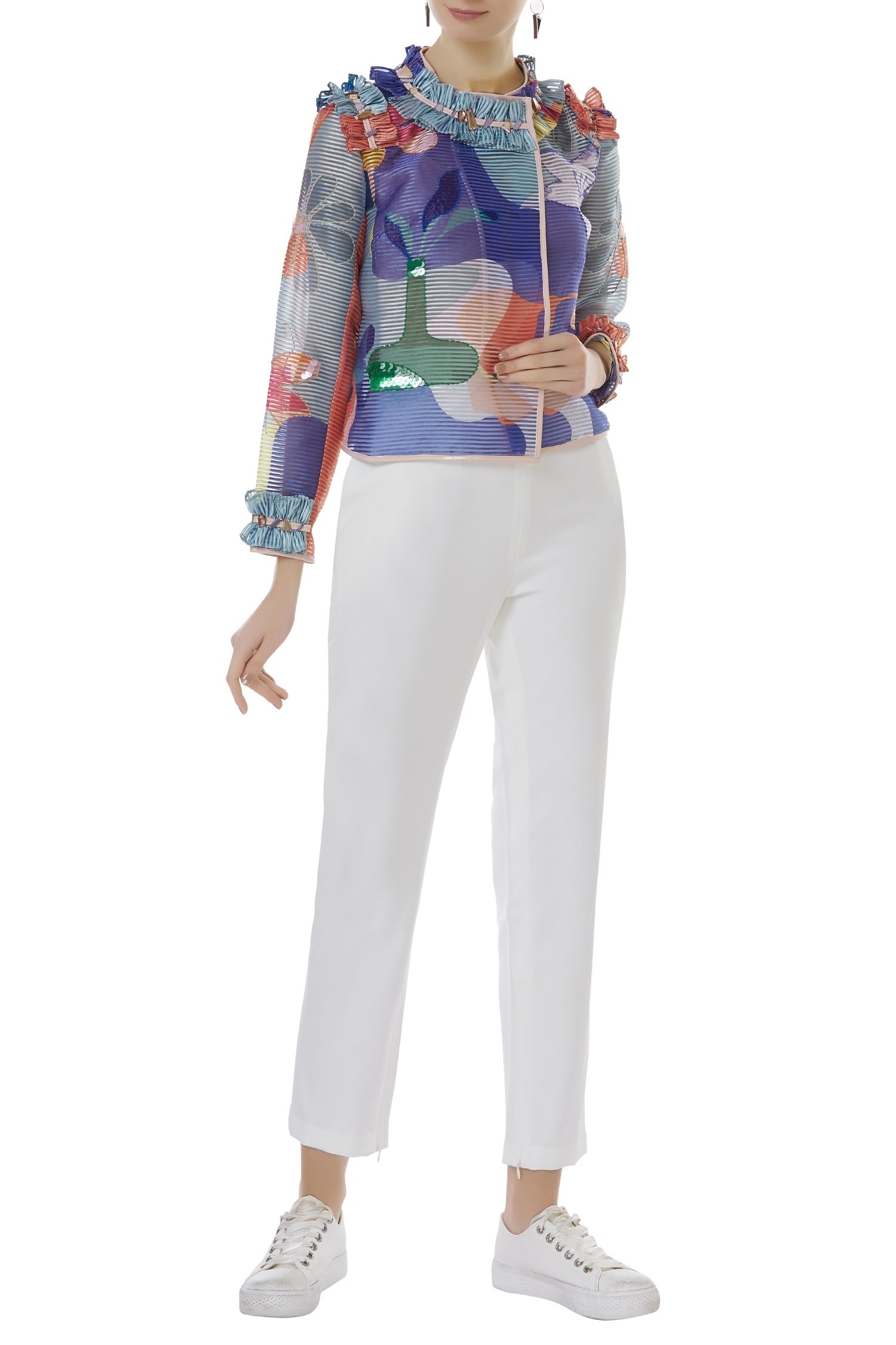 Buy Multi Color Poly Organza Frill Work Round Printed Overlap Jacket