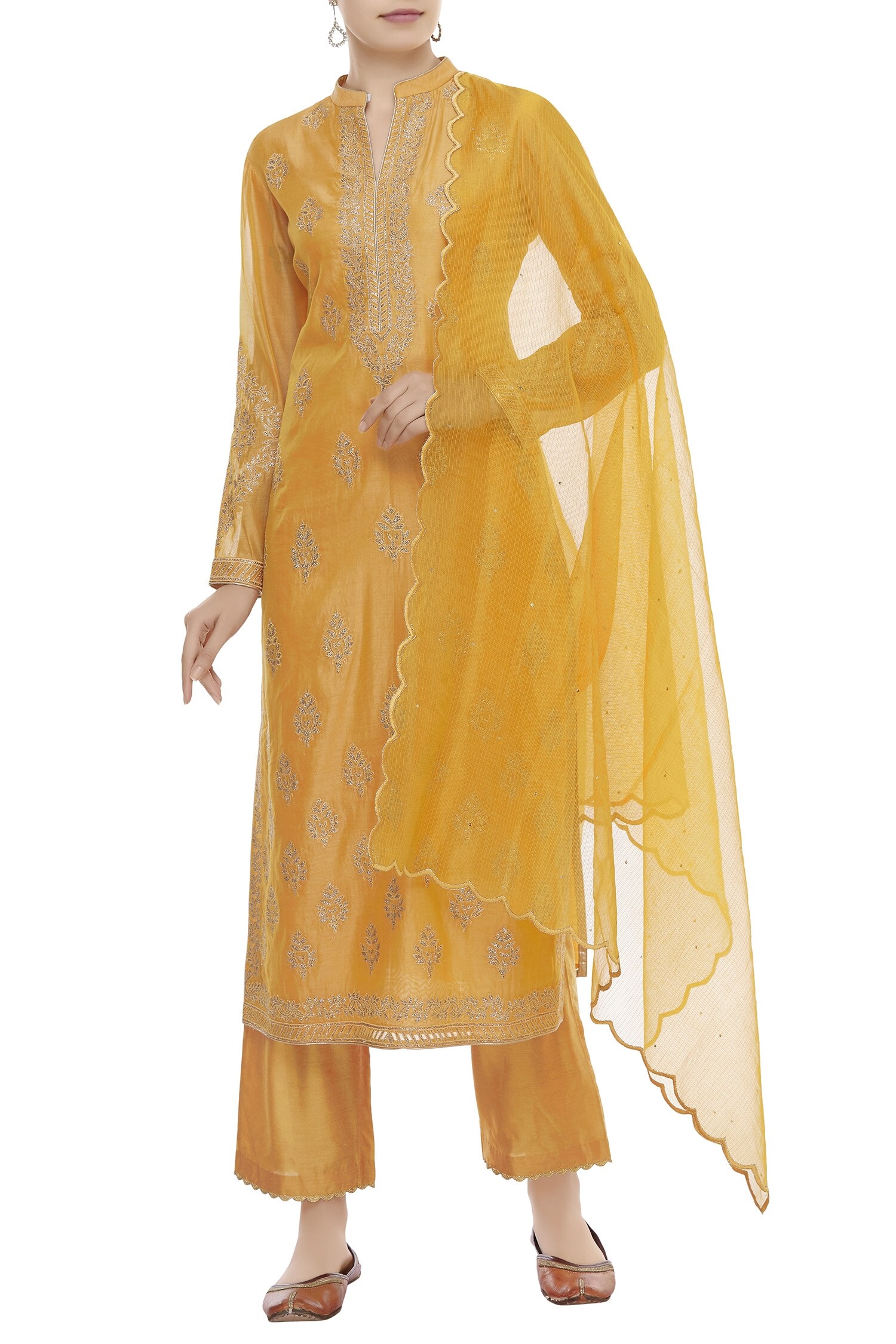 Buy Gold Silk Chanderi Mandarin Collar Embroidered Kurta Set For Women
