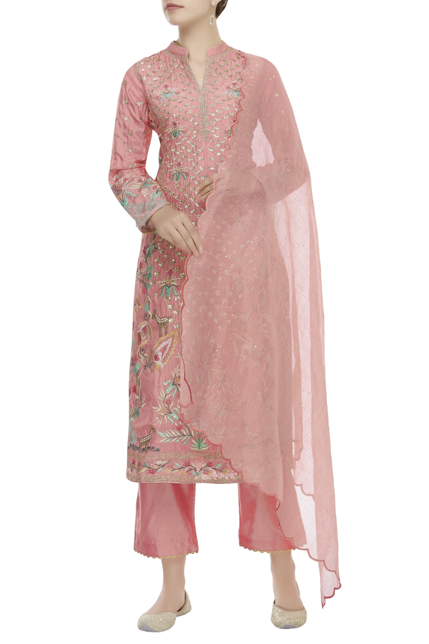 Buy Pink Silk Chanderi Mandarin Collar Embroidered Kurta Set For Women