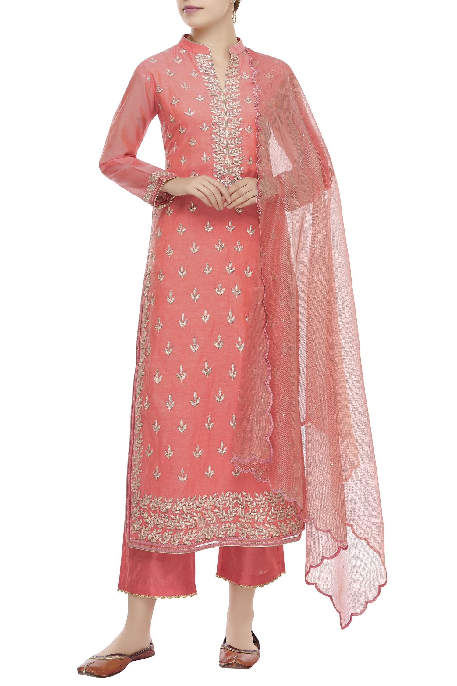 Buy Coral Silk Chanderi Mandarin Collar Embroidered Kurta Set For Women
