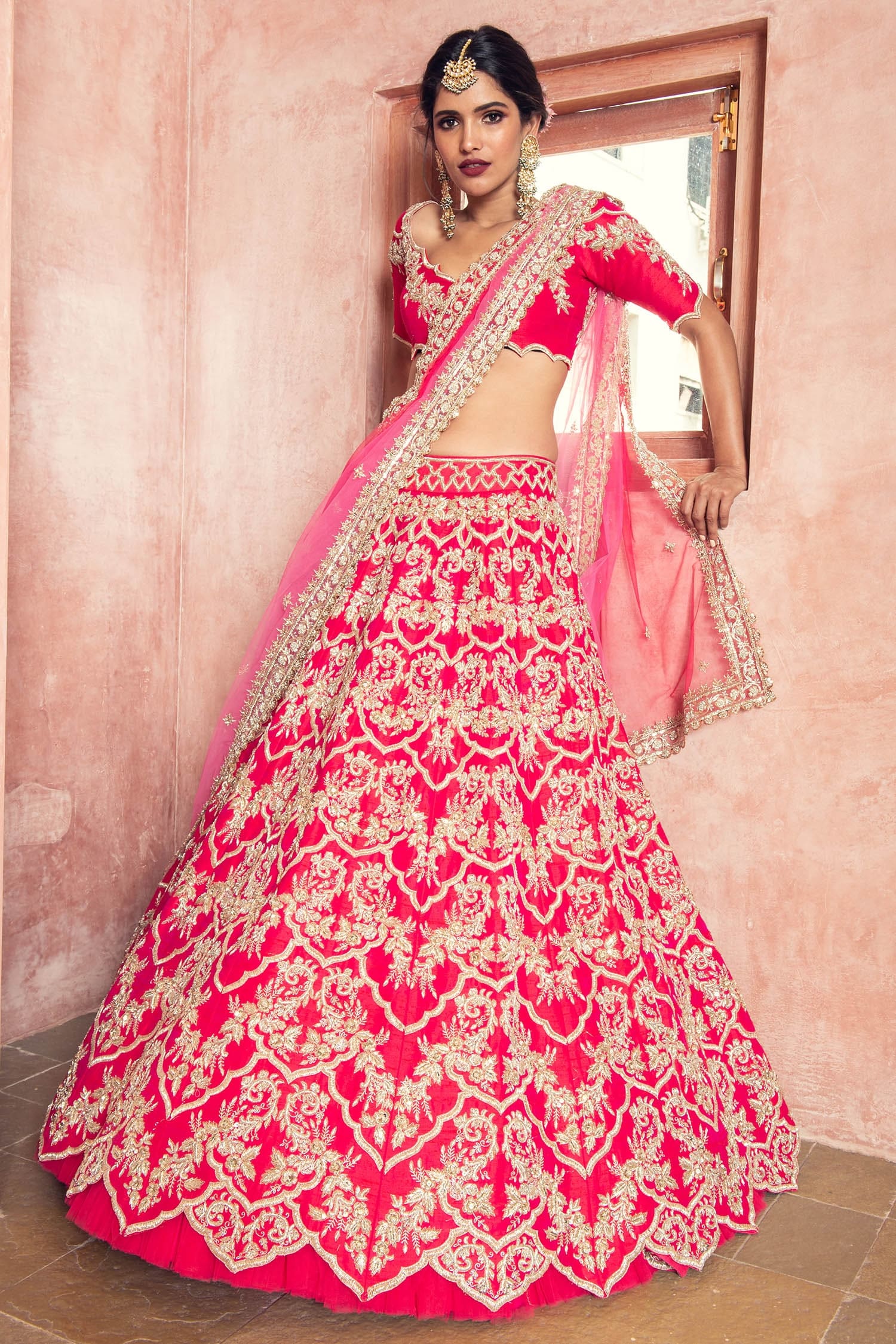 bridal lehenga cherry colour