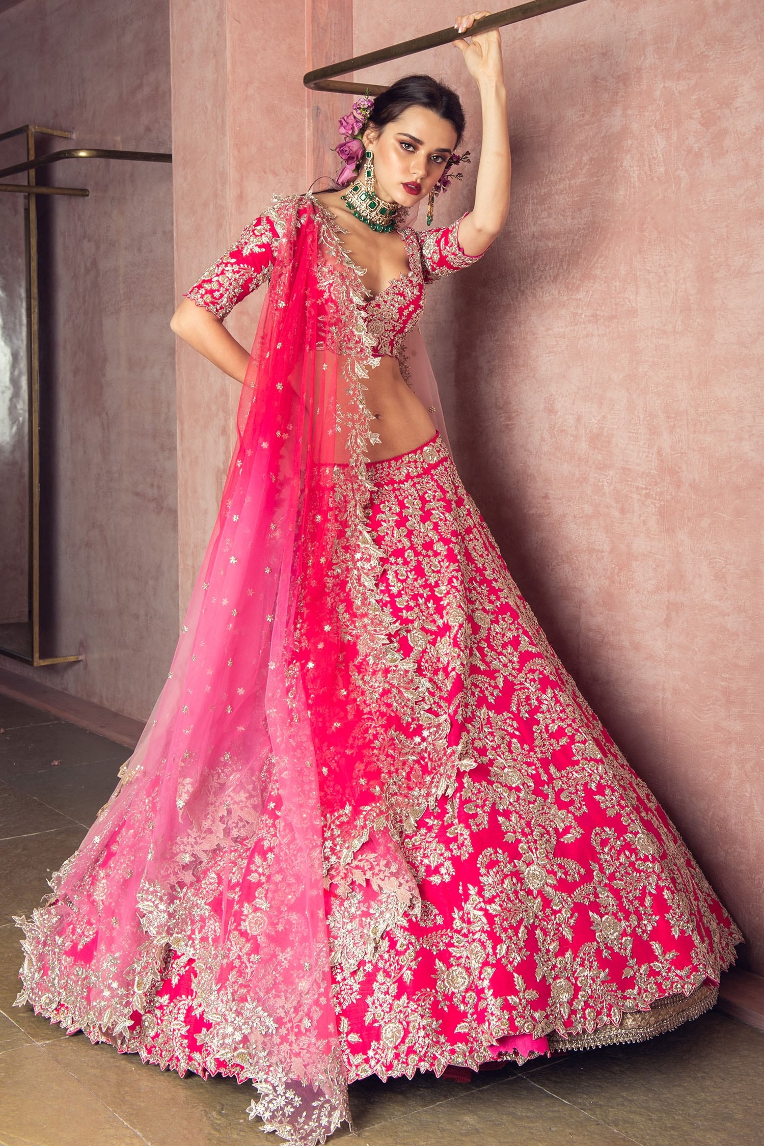 bridal lehenga cherry colour