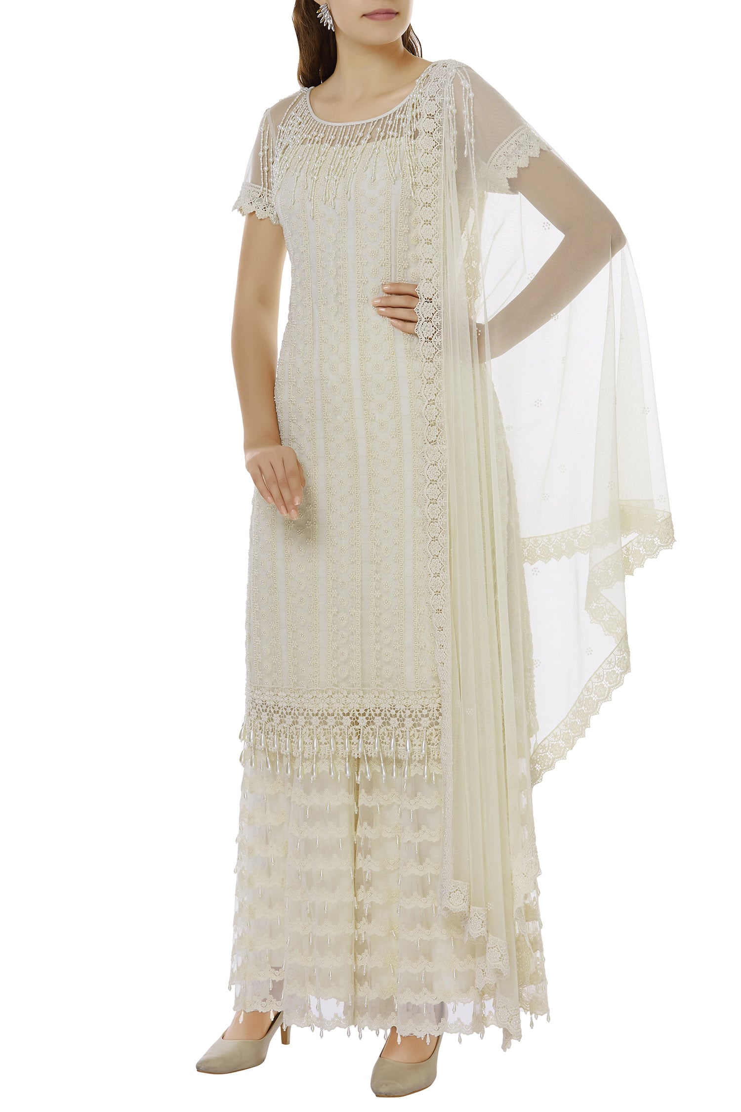Buy Vandana Sethi White Net Chikankari Kurta Set Online | Aza Fashions
