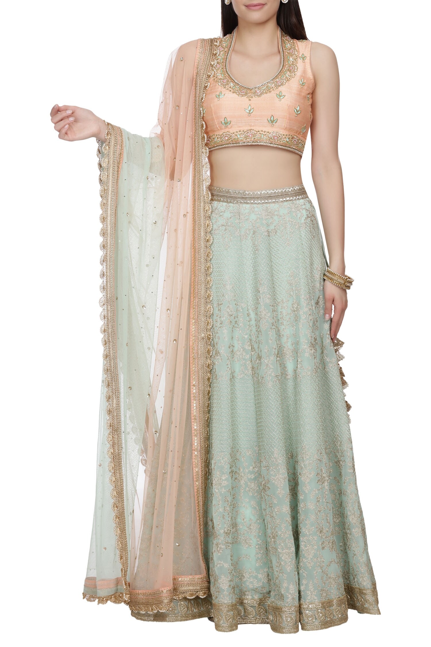 Buy Green Scoop Neckline Embroidered Lehenga Set For Women by Bhumika ...