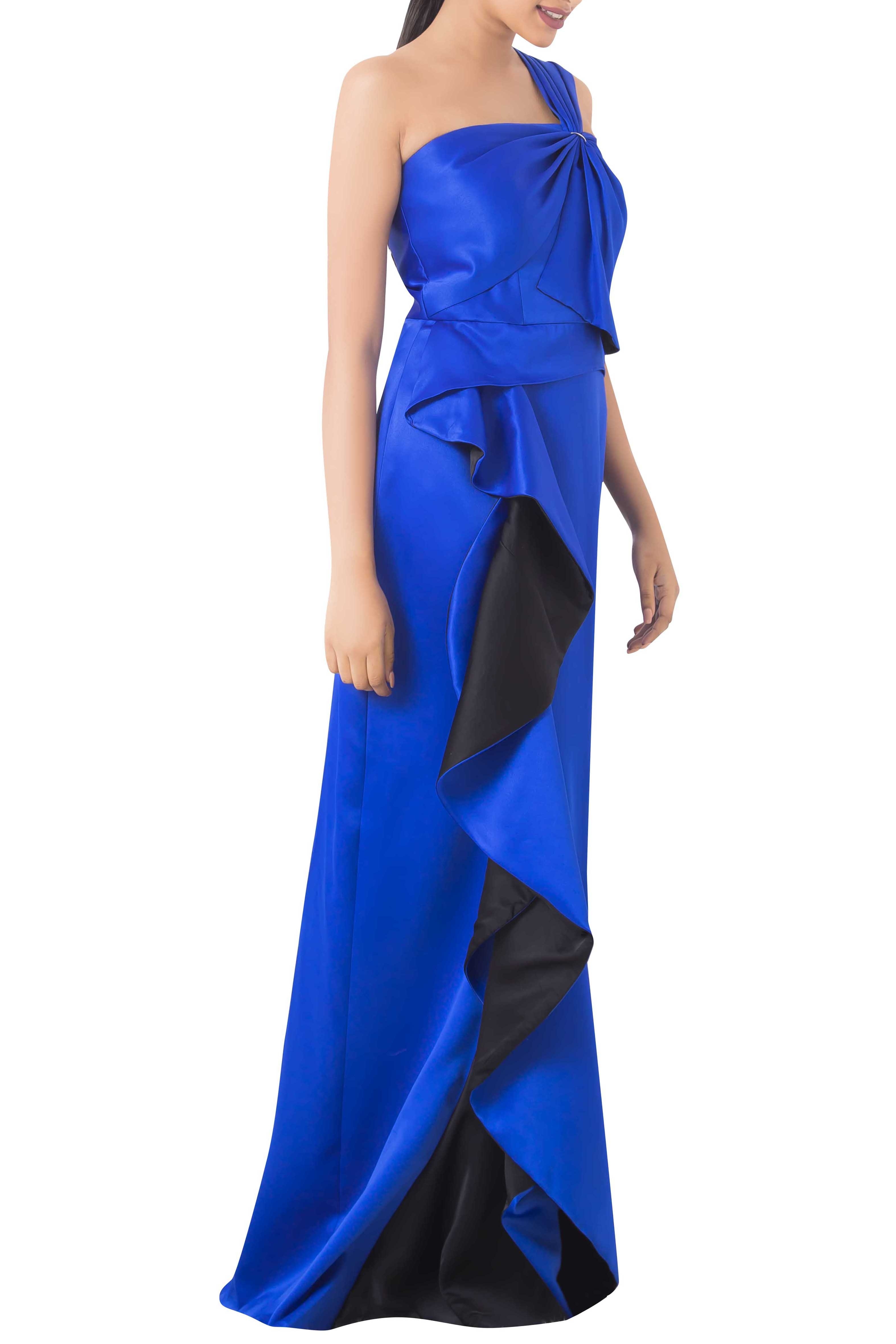 Buy Zwaan Blue Satin One Shoulder Gown Online | Aza Fashions