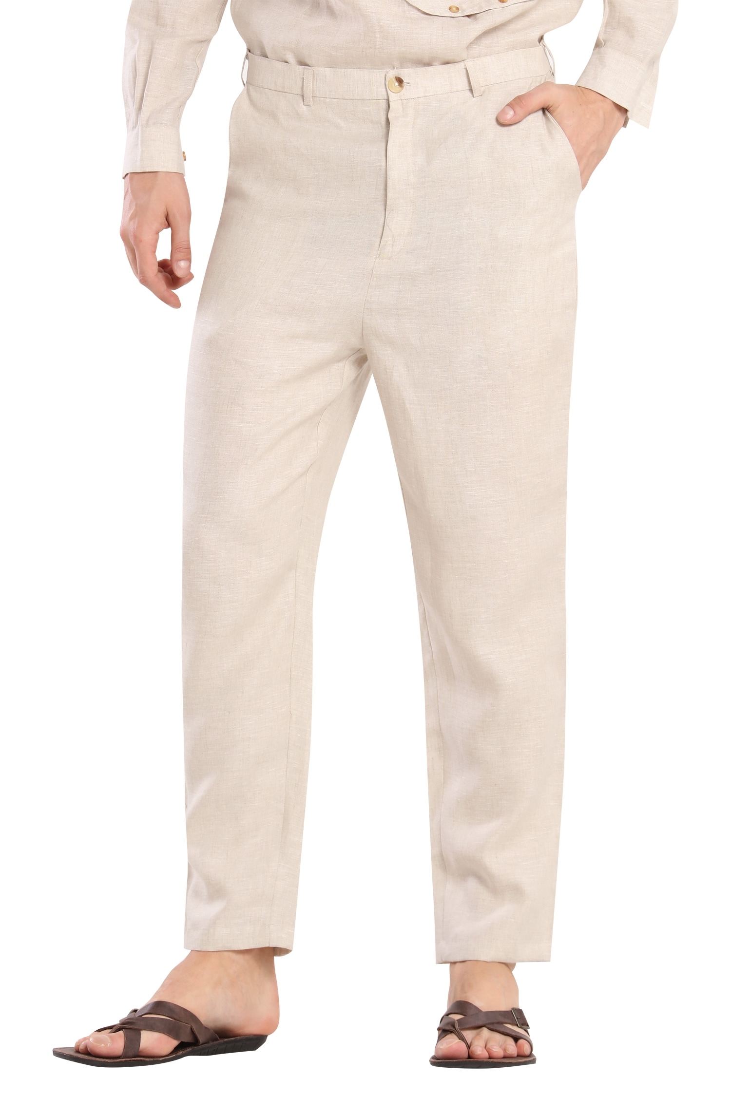 Buy Regular Fit Solid Linen Trousers with Pockets | Splash UAE