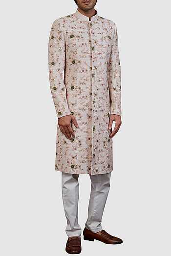 White Silk Embroidery Thread Flower Sherwani Set