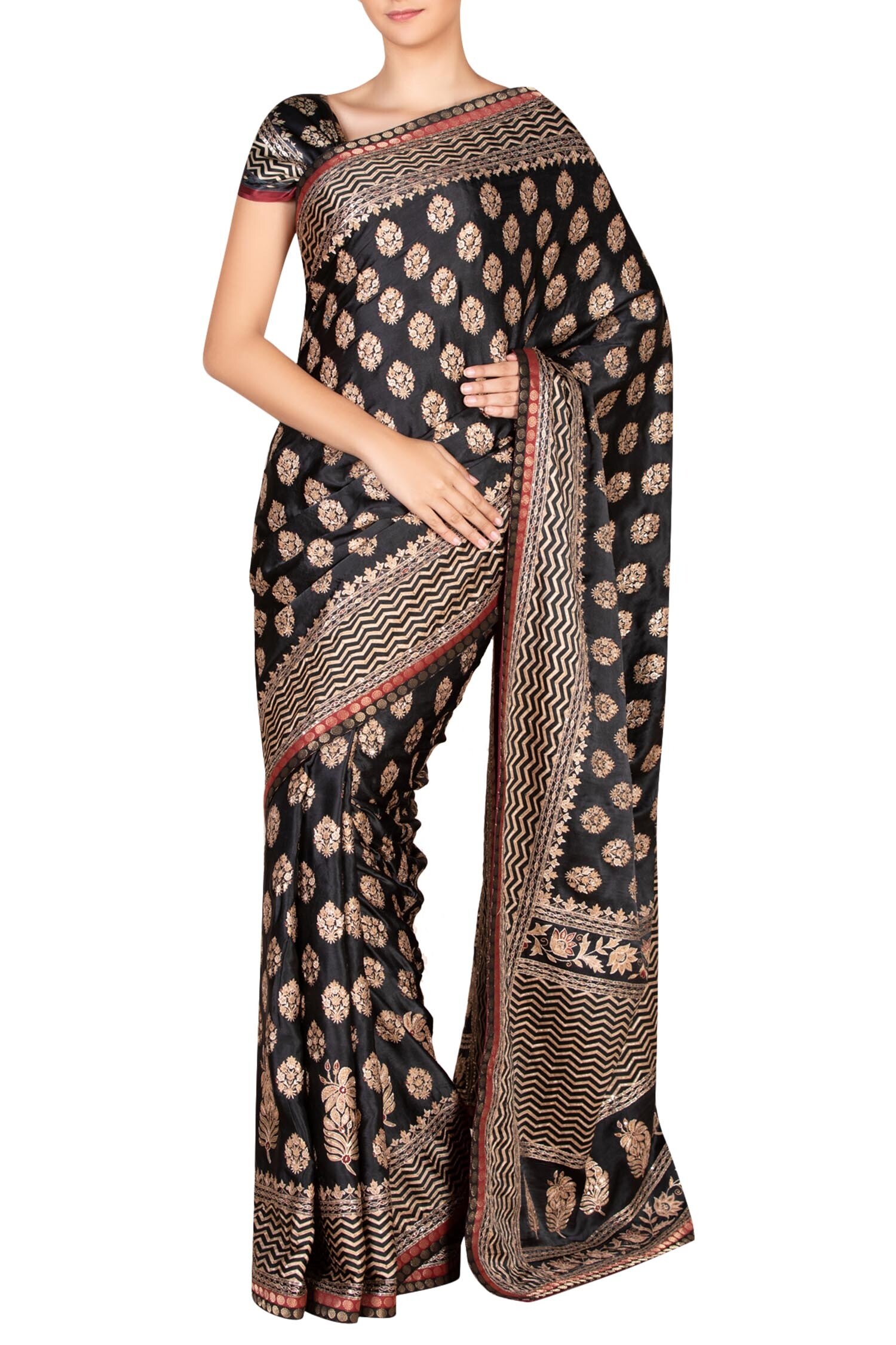 RI.Ritu Kumar Black Silk Satin Printed Saree With Blouse Fabric For Women