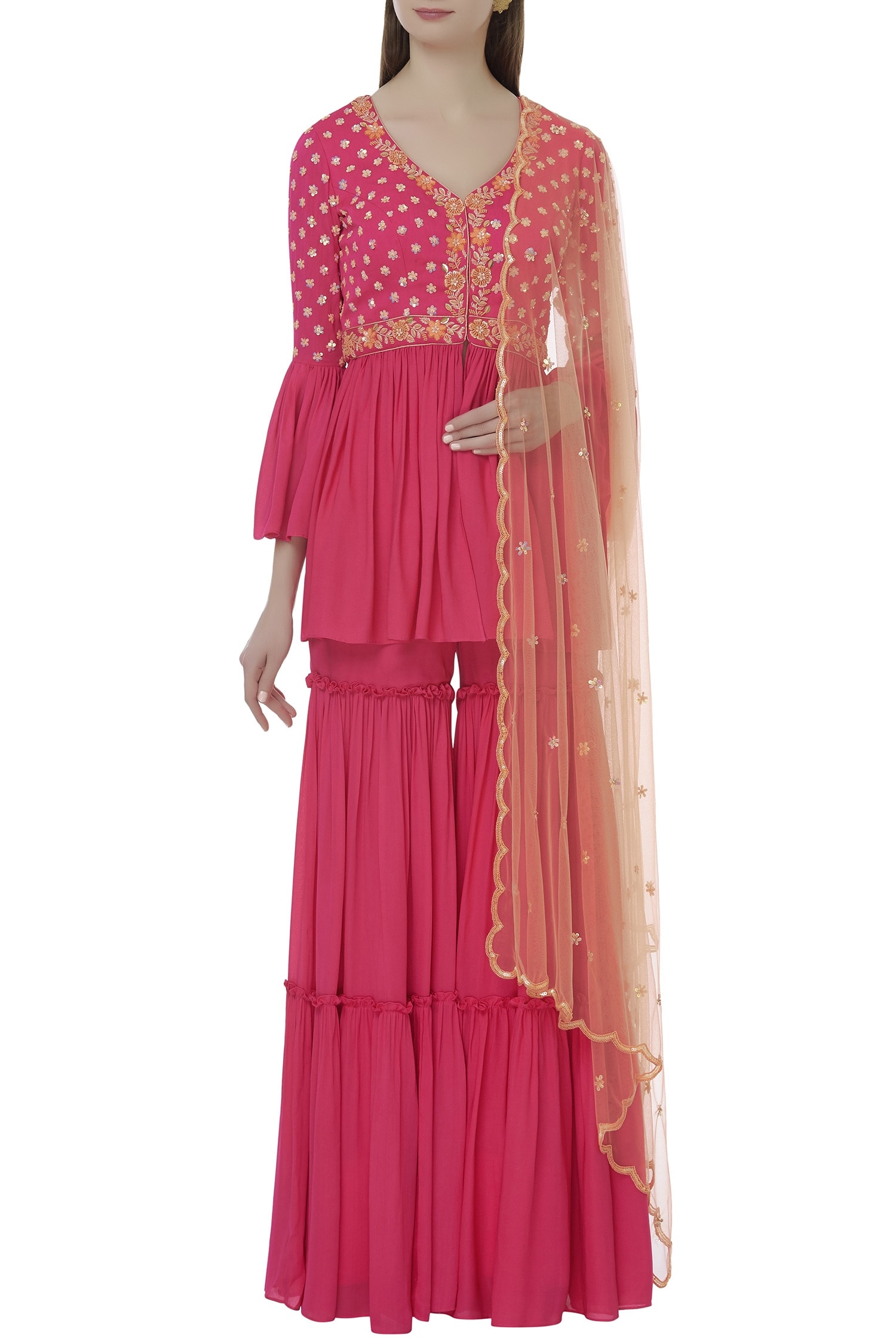 Buy Salian By Anushree Pink Georgette Embellished Kurta Sharara Set ...